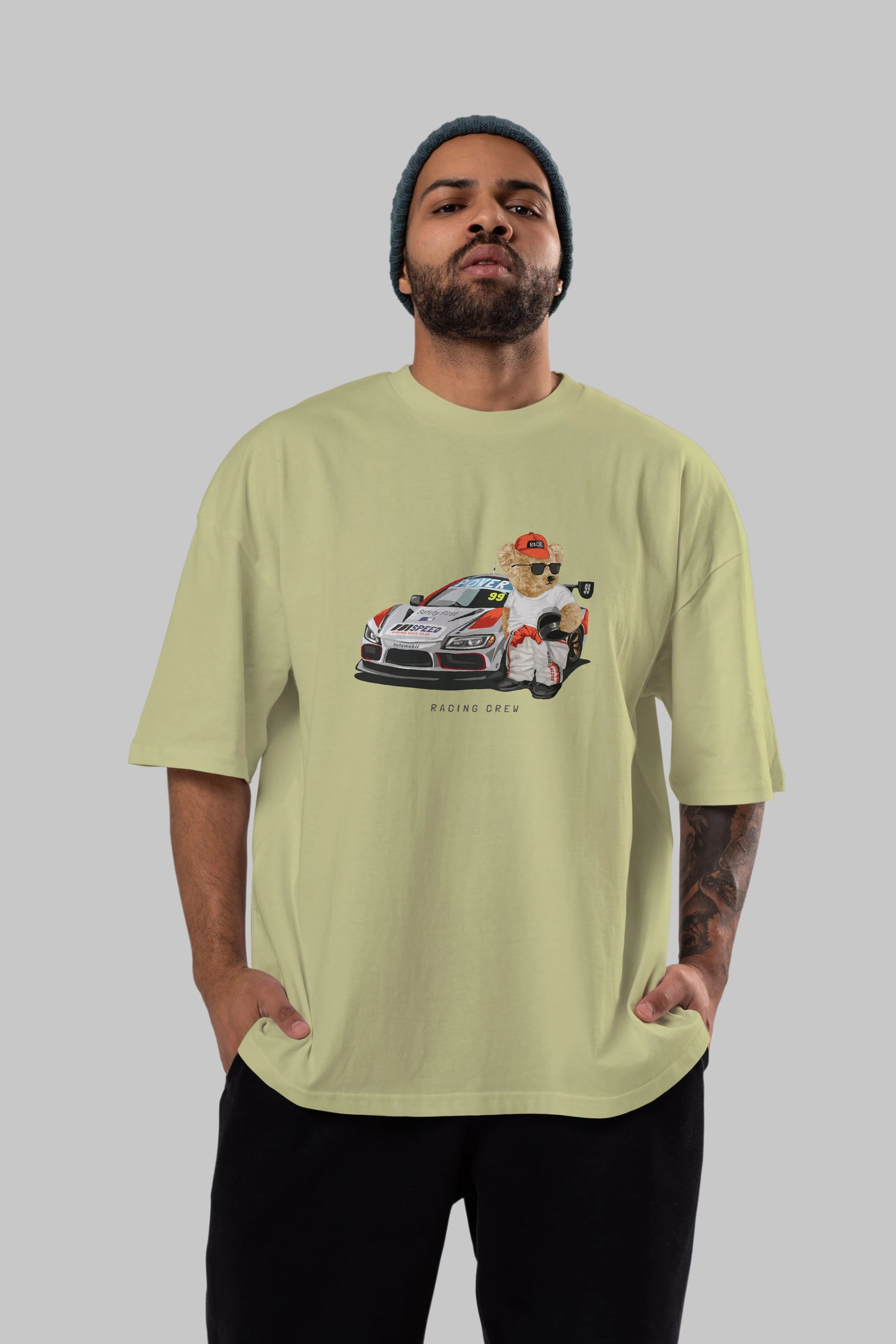 Teddy Bear Racing Crew Ön Baskılı Oversize t-shirt Erkek Kadın Unisex %100 Pamuk