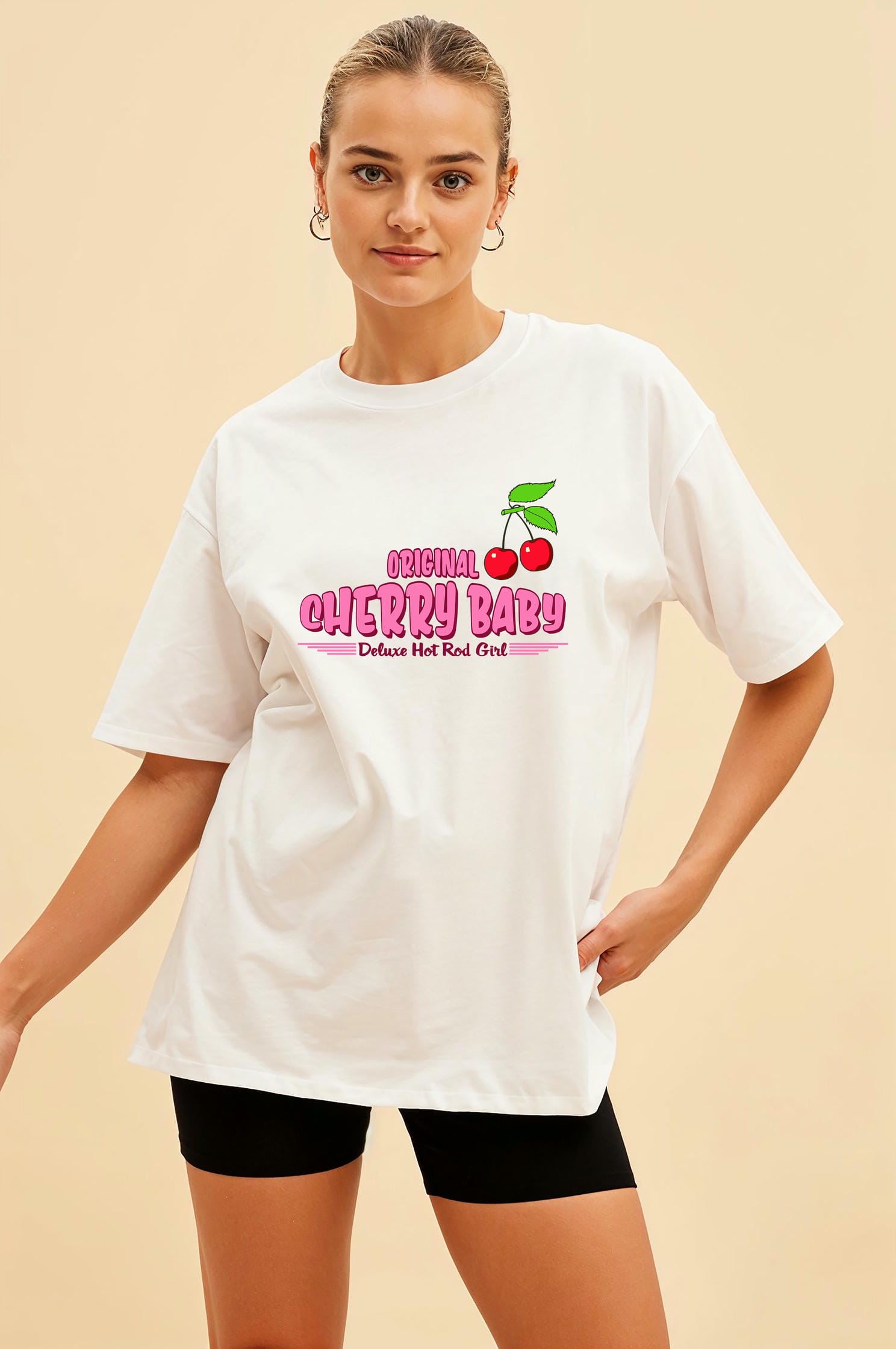 Cherry Baby Ön Baskılı Oversize t-shirt Erkek Kadın Pamuk Bisiklet Yaka tişort