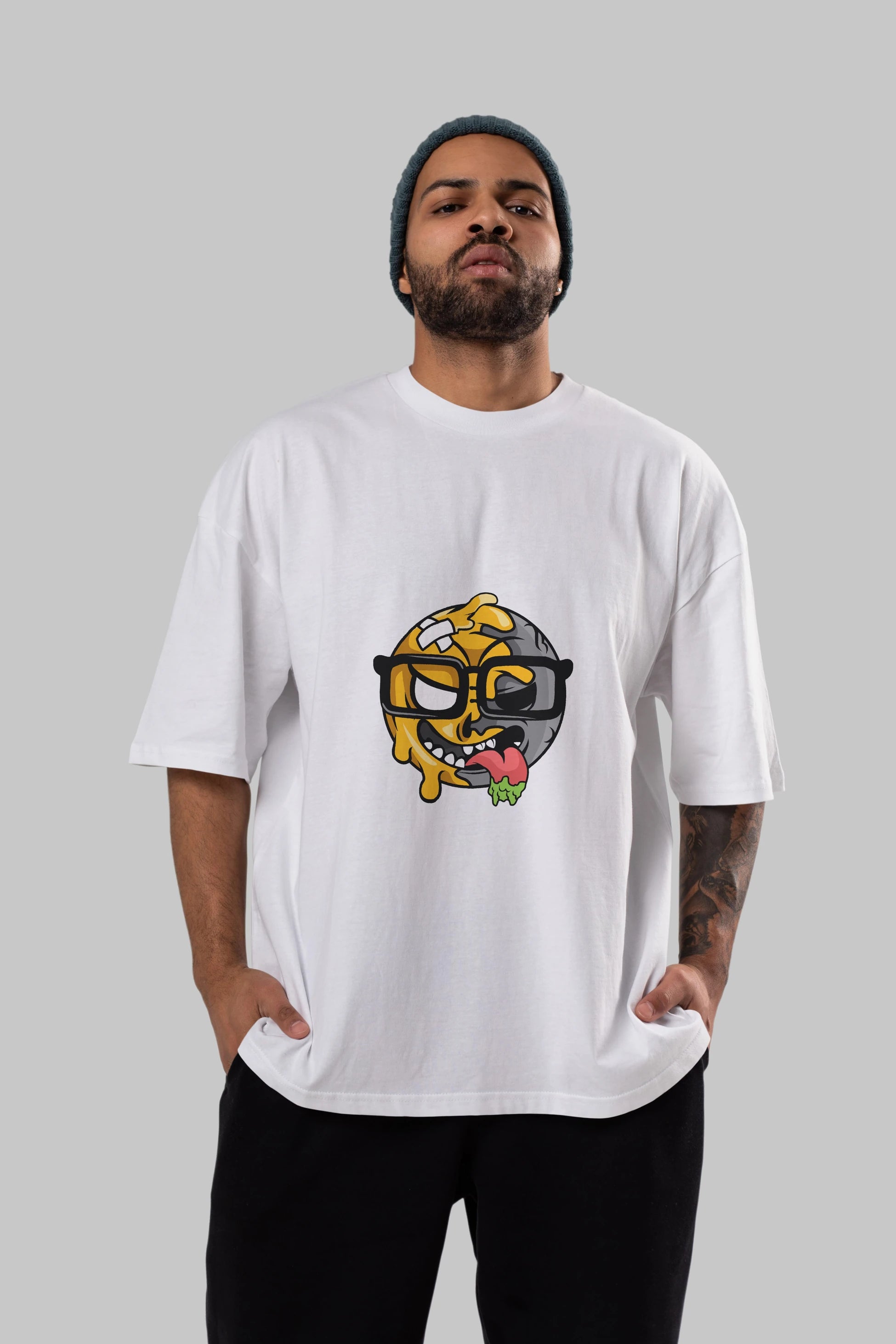 Smiley Nerd Ön Baskılı Oversize t-shirt Erkek Kadın Unisex %100 Pamuk tişort