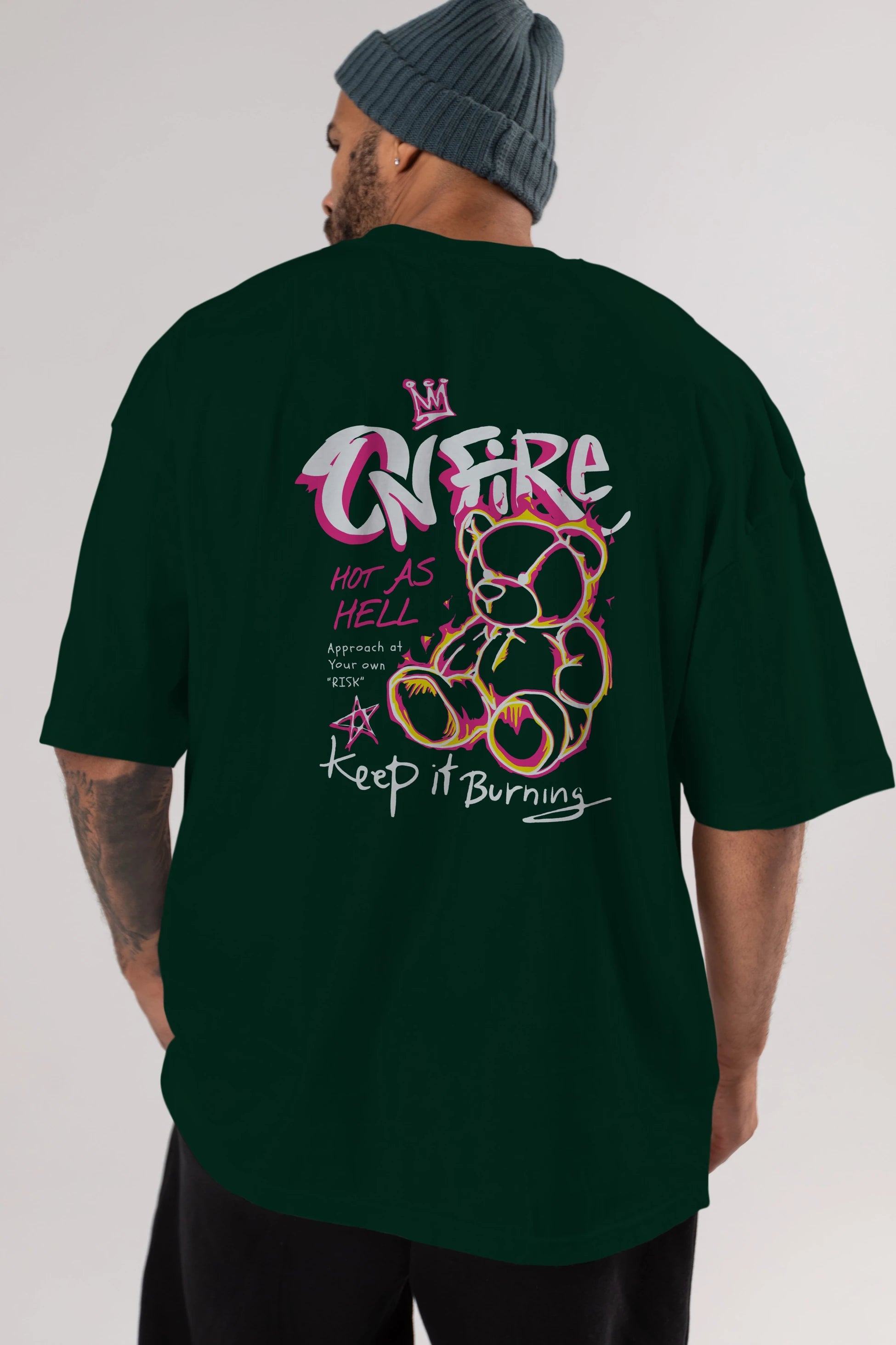 On Fire Bear Arka Baskılı Oversize t-shirt Erkek Kadın Unisex