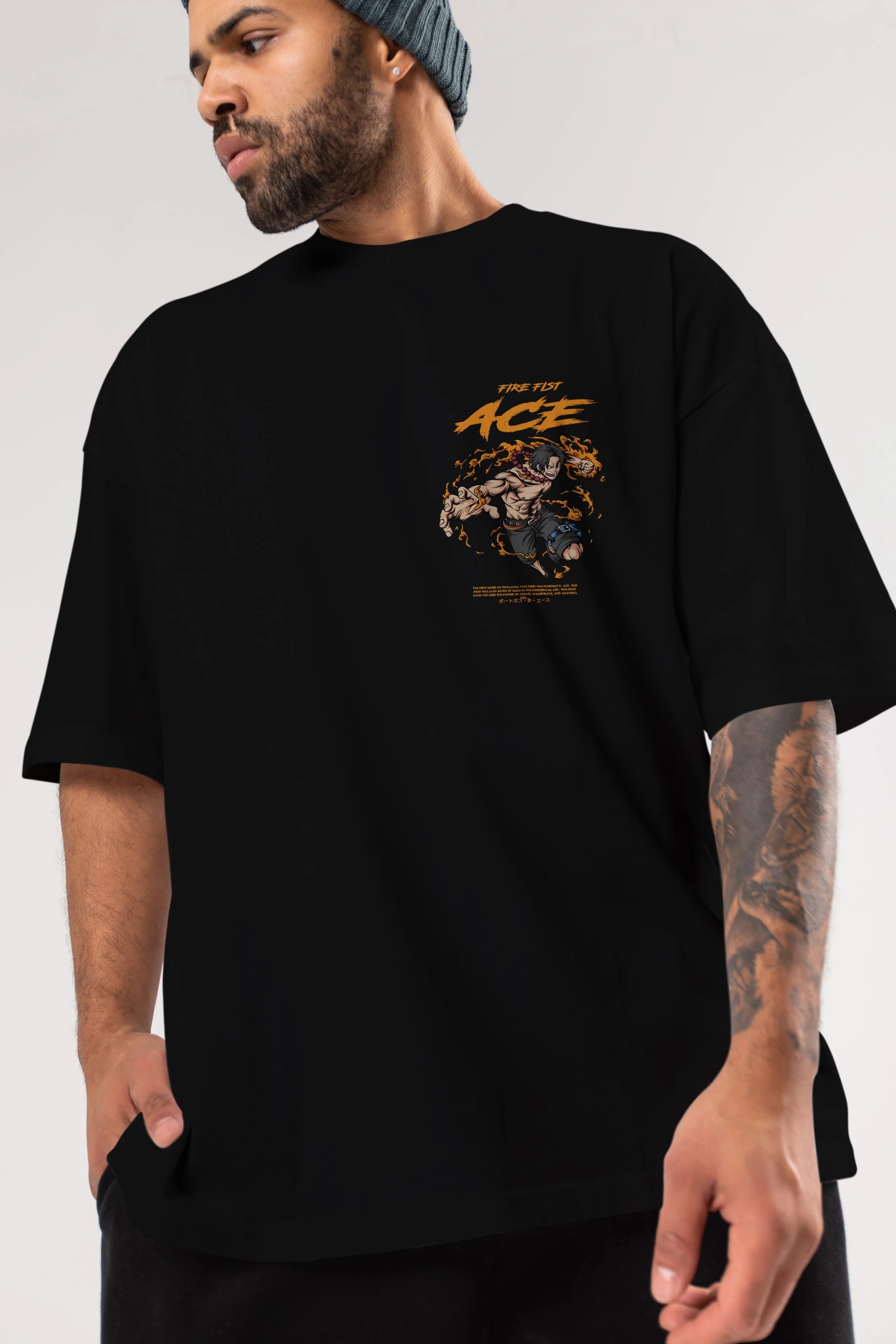 Fire Fist Ace Ön Sol Baskılı Oversize t-shirt Erkek Kadın Unisex %100 Pamuk Bisiklet Yaka tişort