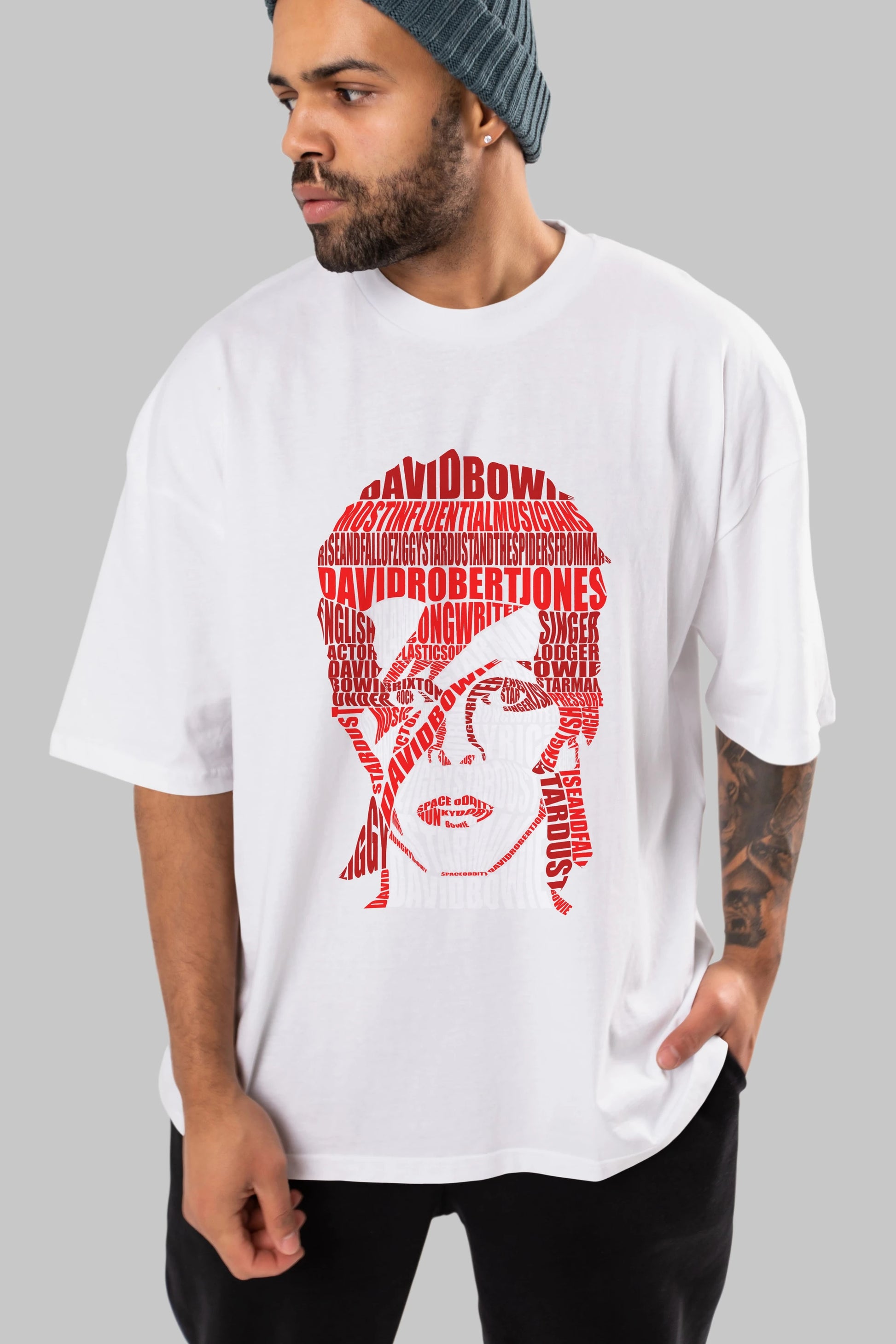 David Bowie Calligram Ön Baskılı Oversize t-shirt %100 pamuk Erkek Kadın Unisex
