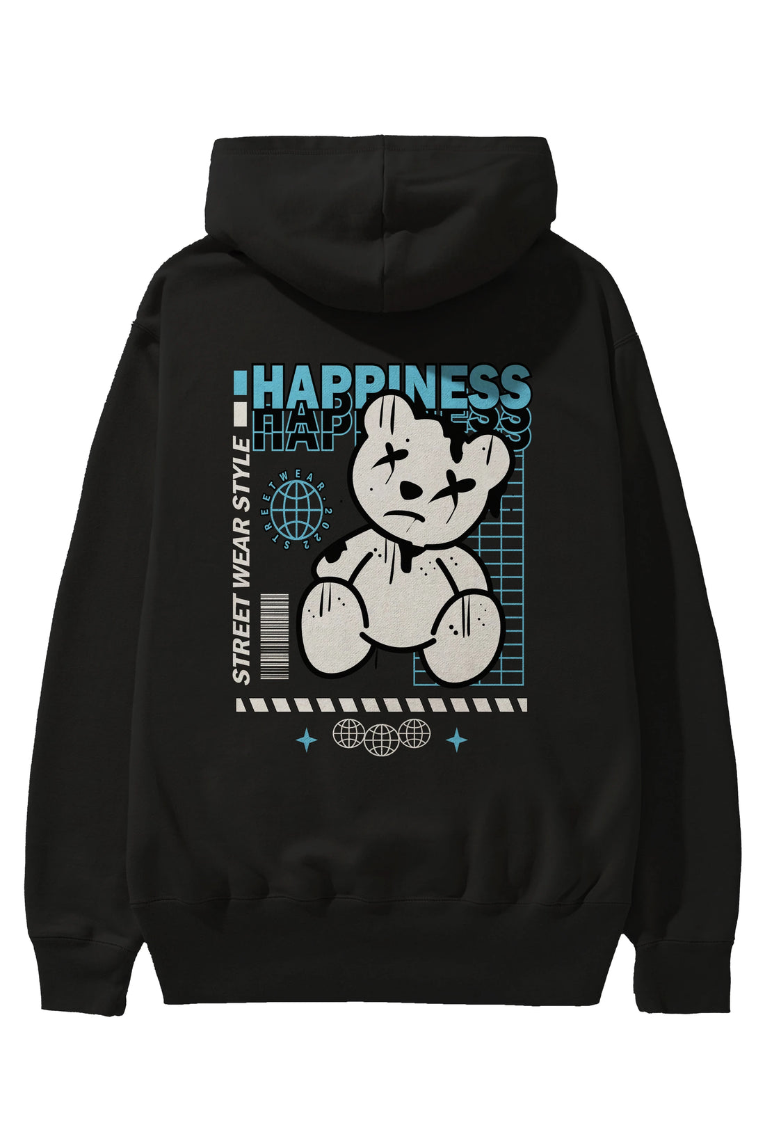 Happiness Bear 2 Arka Baskılı Hoodie Oversize Kapüşonlu Sweatshirt Erkek Kadın Unisex