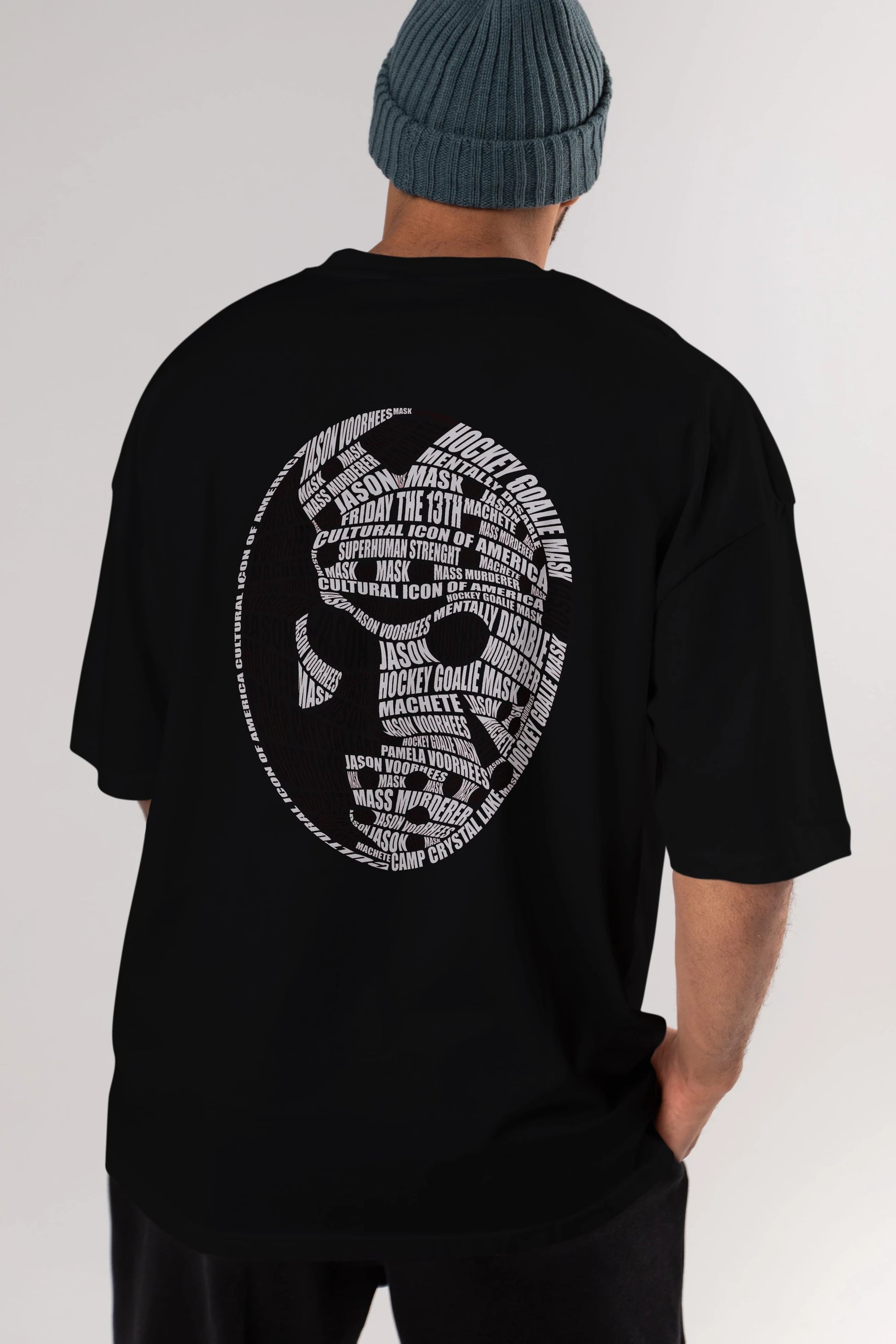 Jason Voorhees Calligram Arka Baskılı Oversize t-shirt %100 pamuk Erkek Kadın Unisex