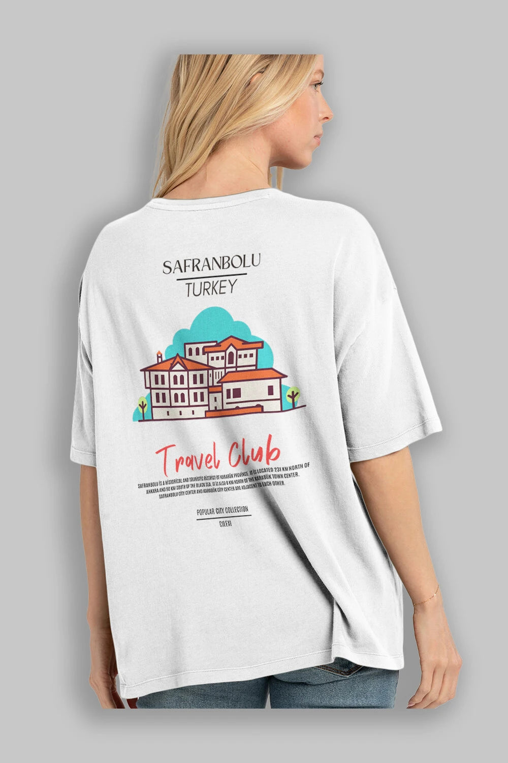 Safranbolu Turkey Arka Baskılı Oversize t-shirt Erkek Kadın Pamuk Bisiklet Yaka tişort