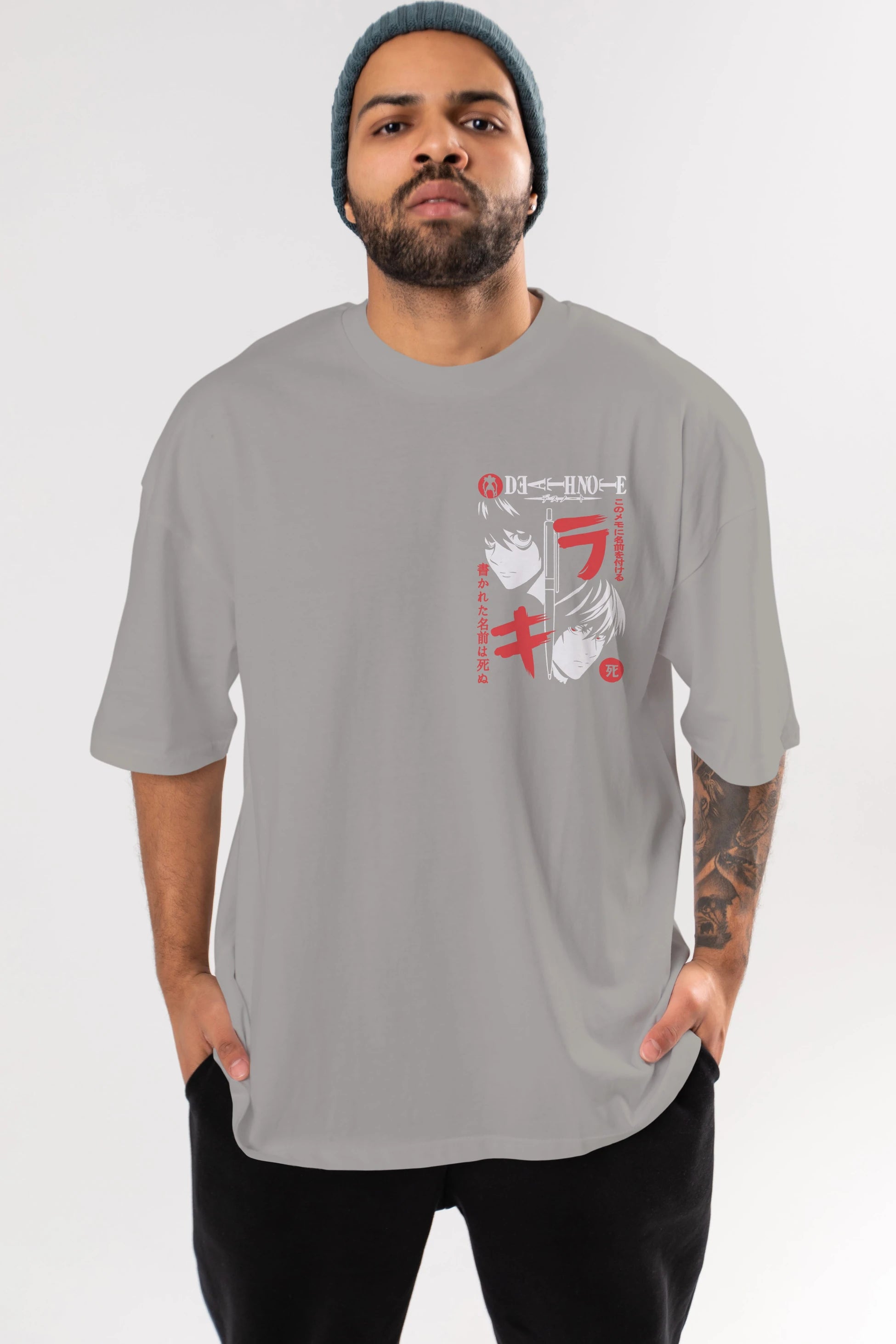 DEATHNOTE L vs KIRA Ön Sol Baskılı Oversize t-shirt Erkek Kadın Unisex %100 Pamuk Bisiklet Yaka tişort