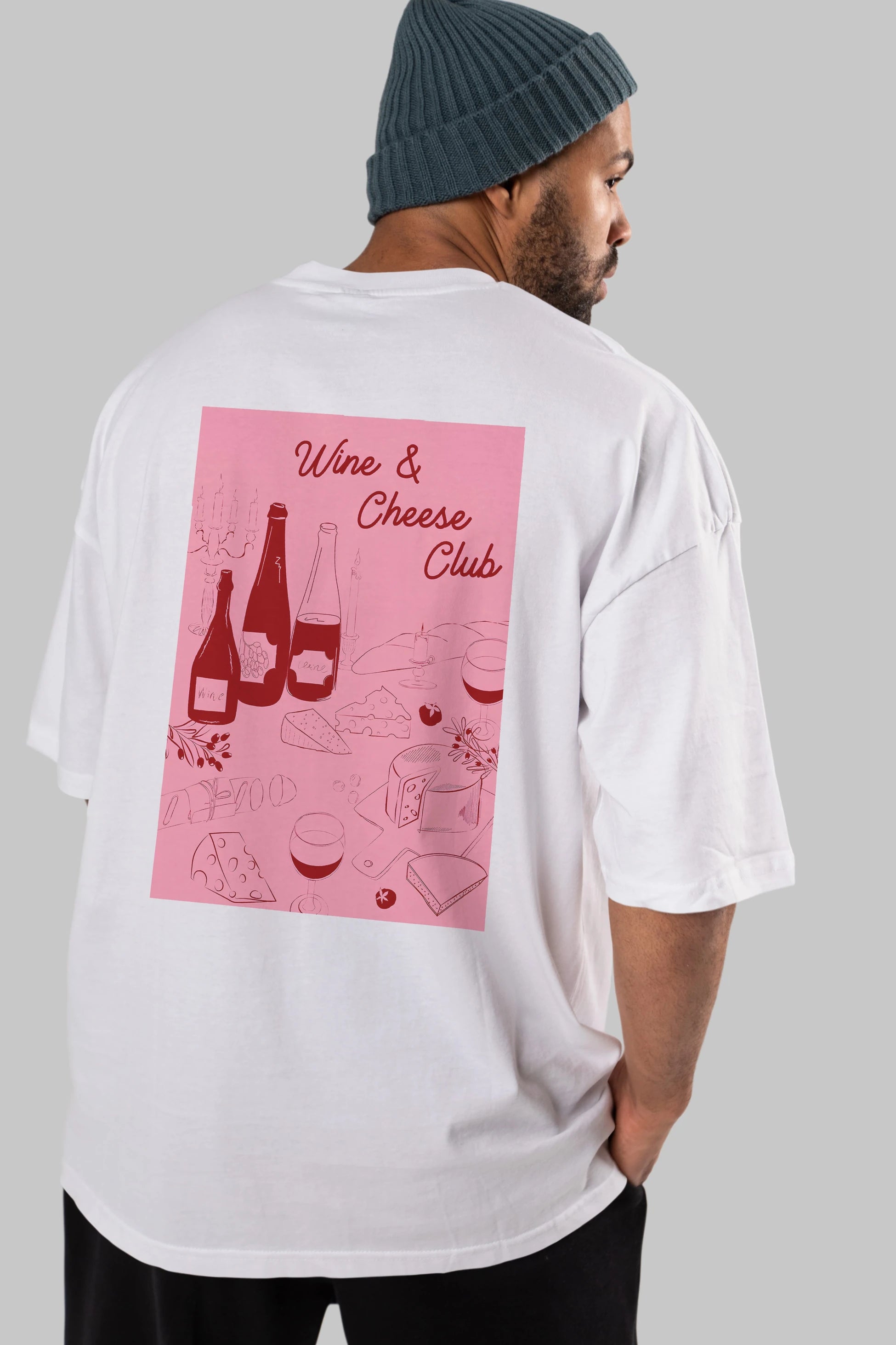 Wine Cheese Club Arka Baskılı Oversize t-shirt Erkek Kadın Unisex %100 Pamuk Bisiklet Yaka tişort