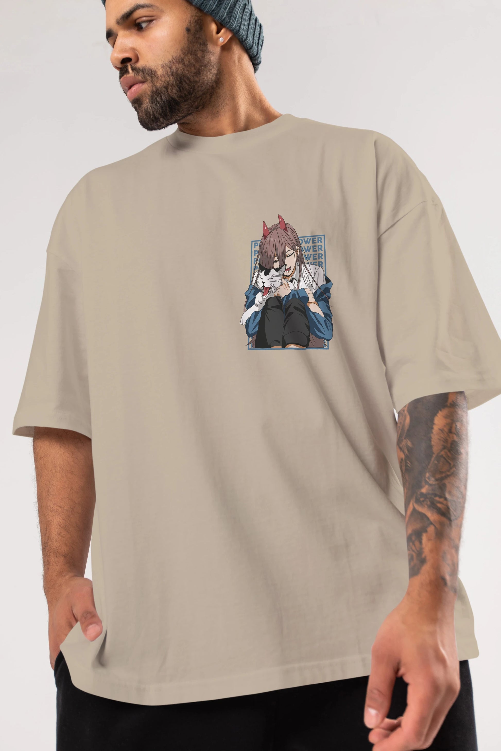 POWER CHAINSAWMAN Ön Sol Baskılı Oversize t-shirt Erkek Kadın Unisex %100 Pamuk Bisiklet Yaka tişort