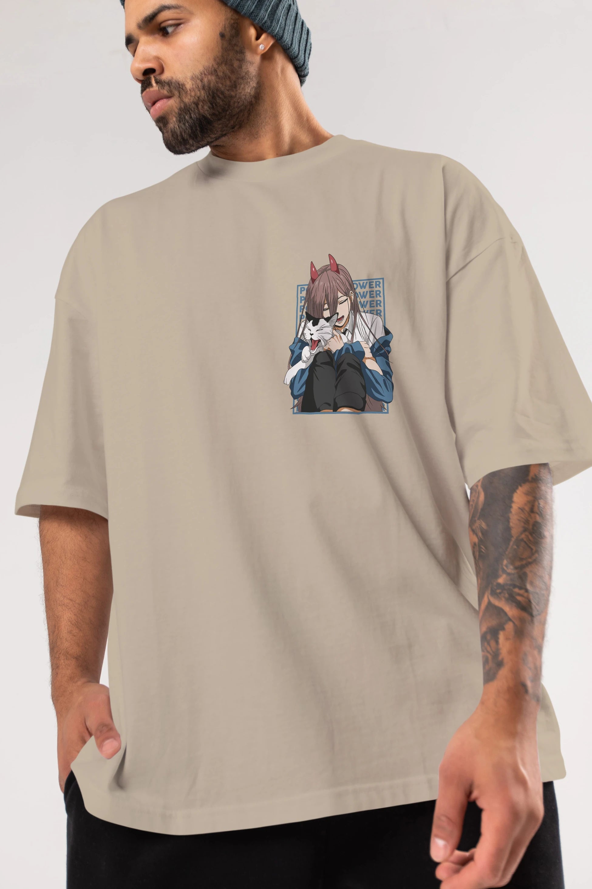 POWER CHAINSAWMAN Ön Sol Baskılı Oversize t-shirt Erkek Kadın Unisex %100 Pamuk Bisiklet Yaka tişort