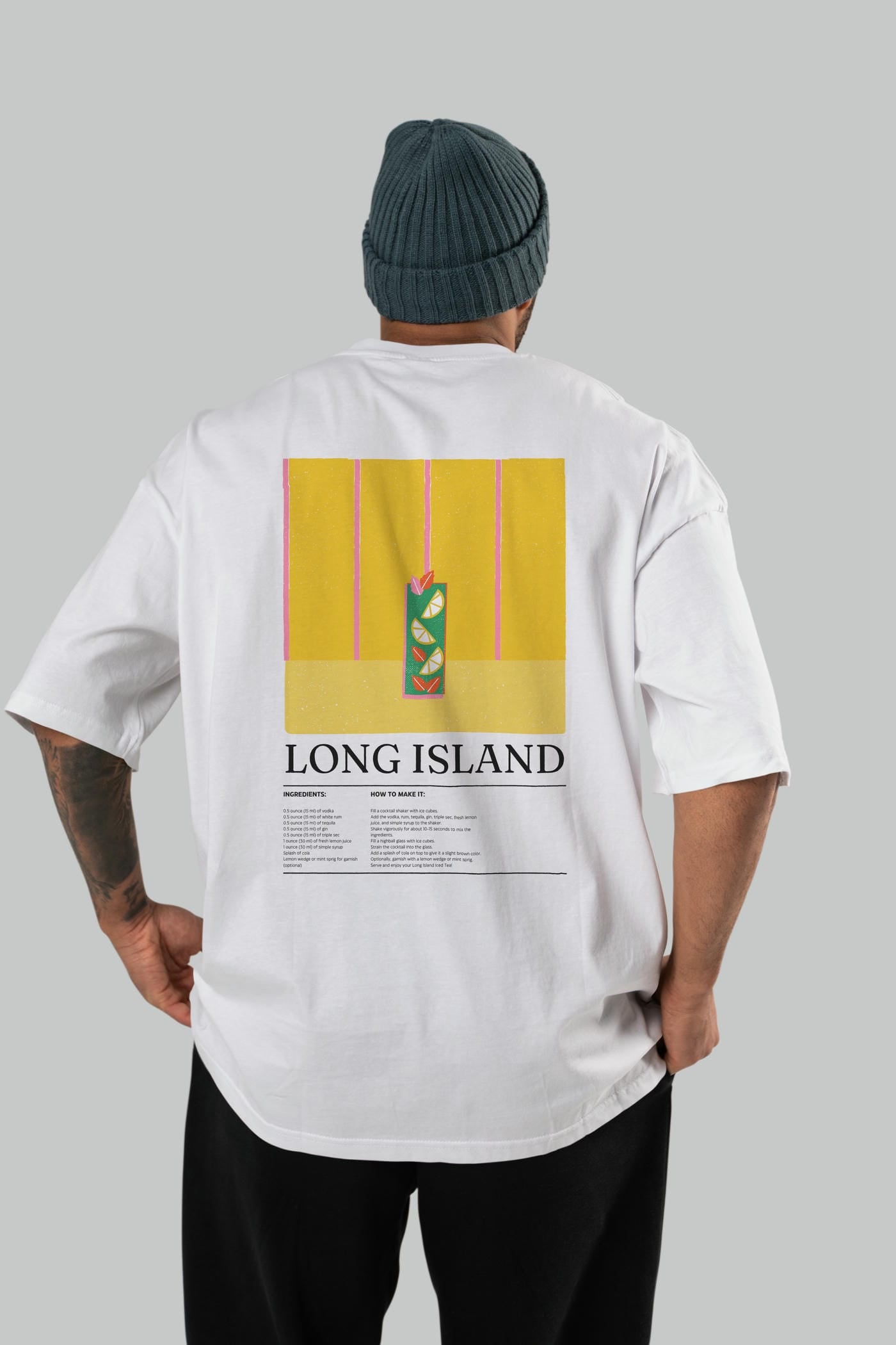 Long Island Kokteyl Serisi Arka Baskılı Oversize t-shirt Erkek Kadın %100 Pamuk Bisiklet Yaka tişort