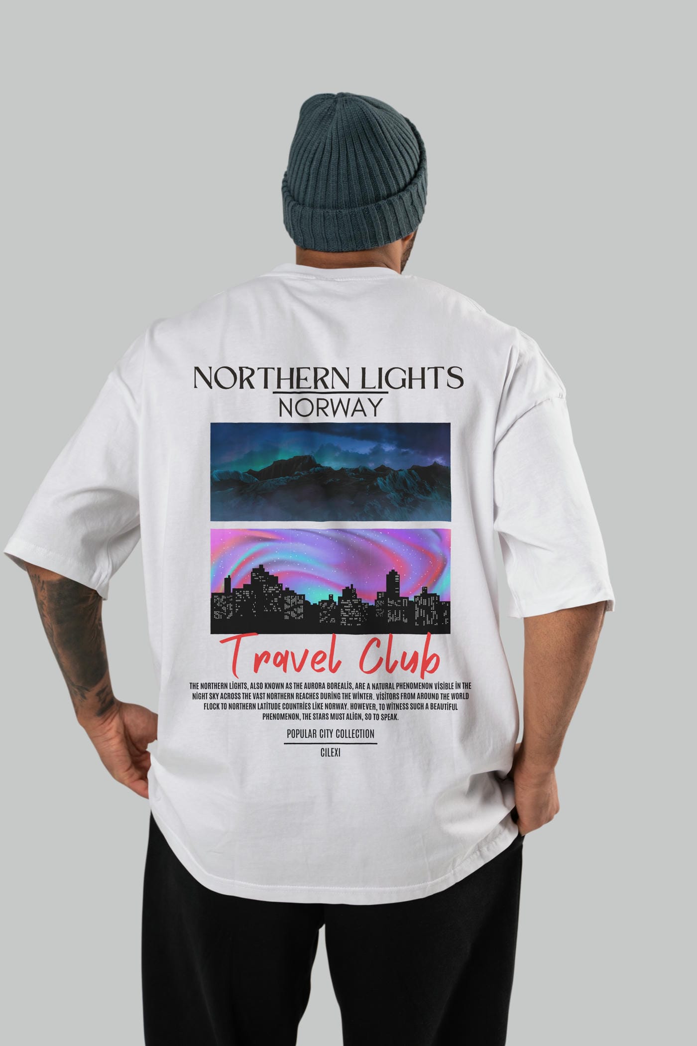 Northern Lights Norway Arka Baskılı Oversize t-shirt Erkek Kadın Pamuk Bisiklet Yaka tişort