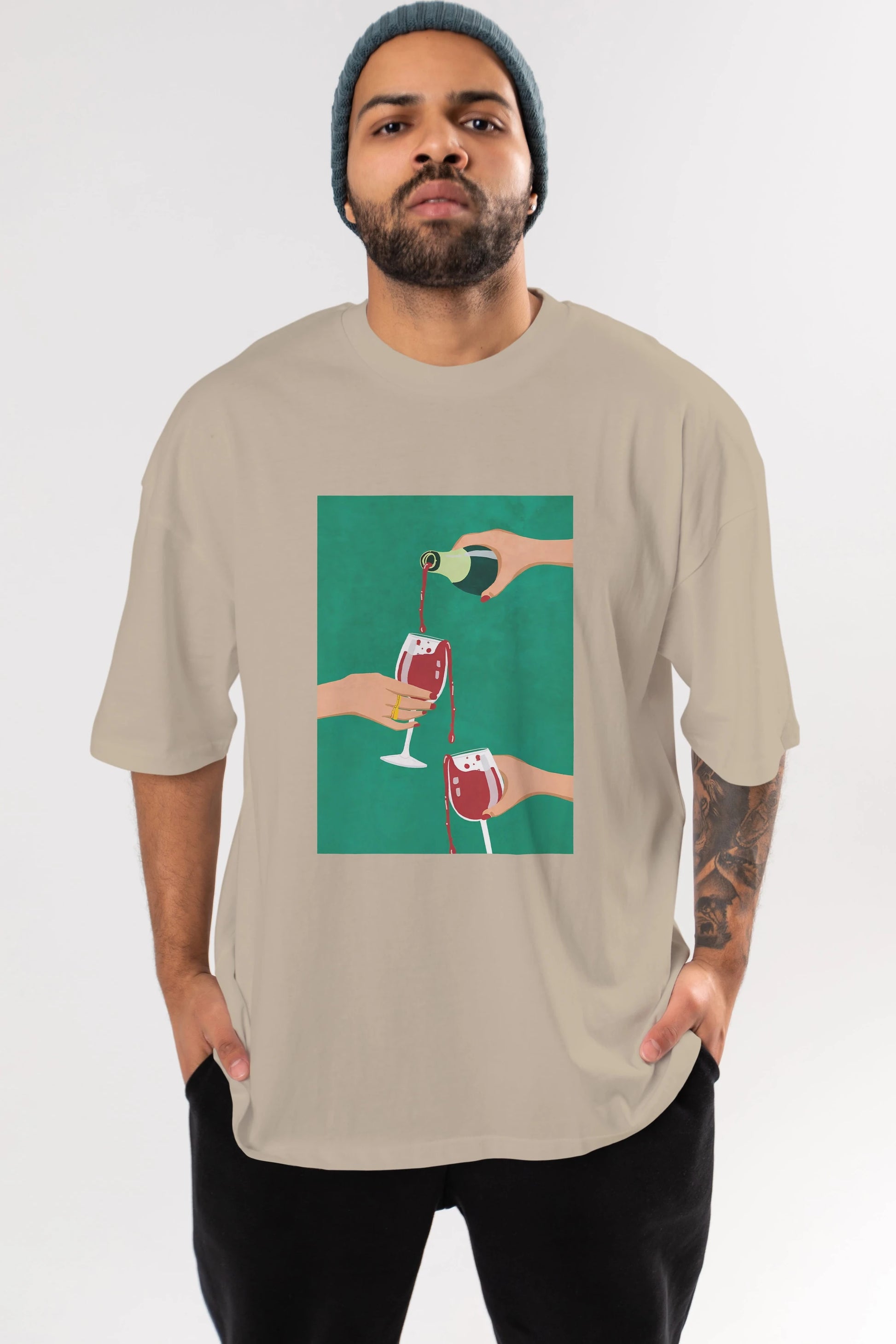 Wine 2 Ön Baskılı Oversize t-shirt Erkek Kadın Unisex %100 Pamuk Bisiklet Yaka tişort