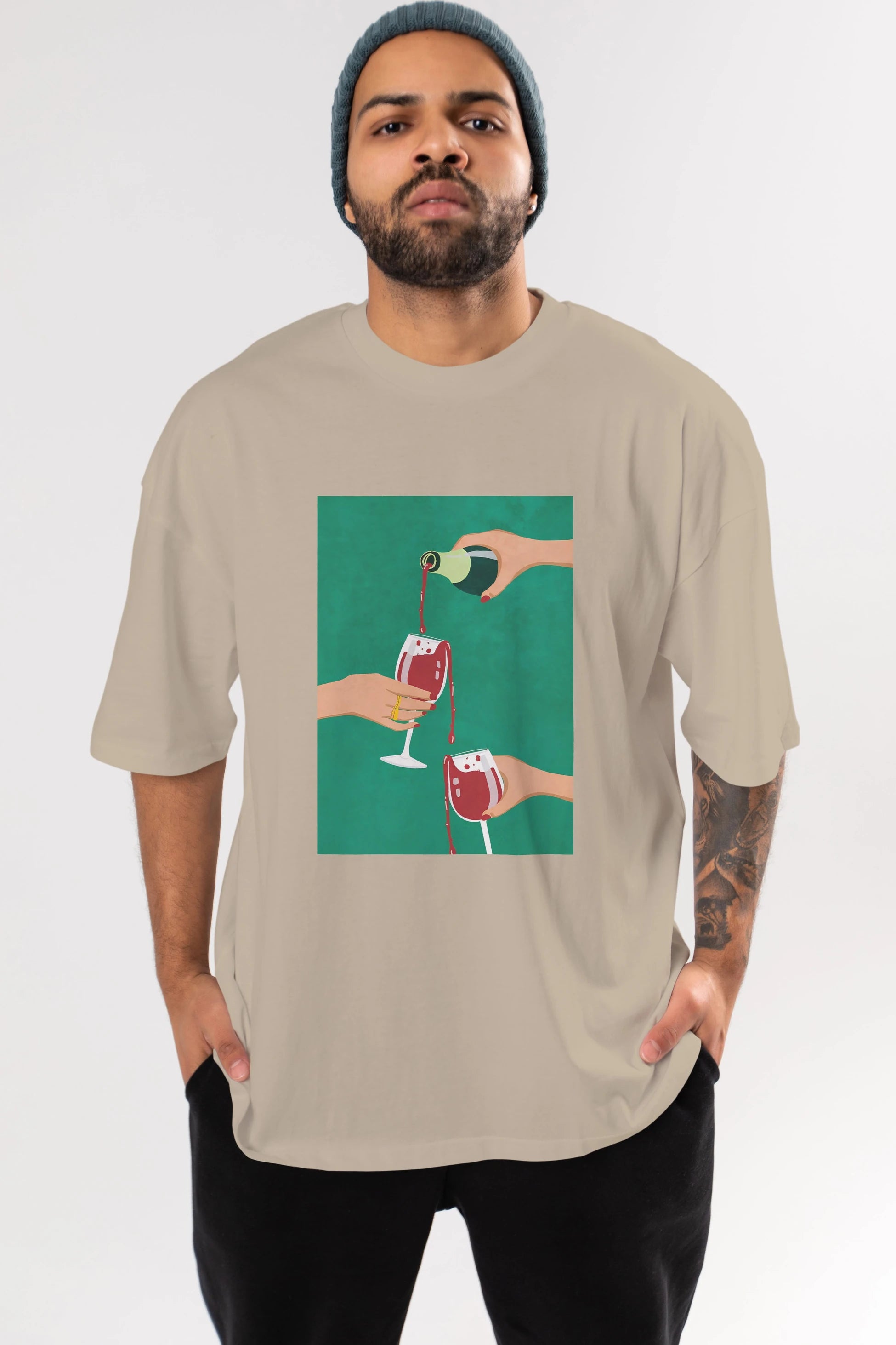 Wine 2 Ön Baskılı Oversize t-shirt Erkek Kadın Unisex %100 Pamuk Bisiklet Yaka tişort