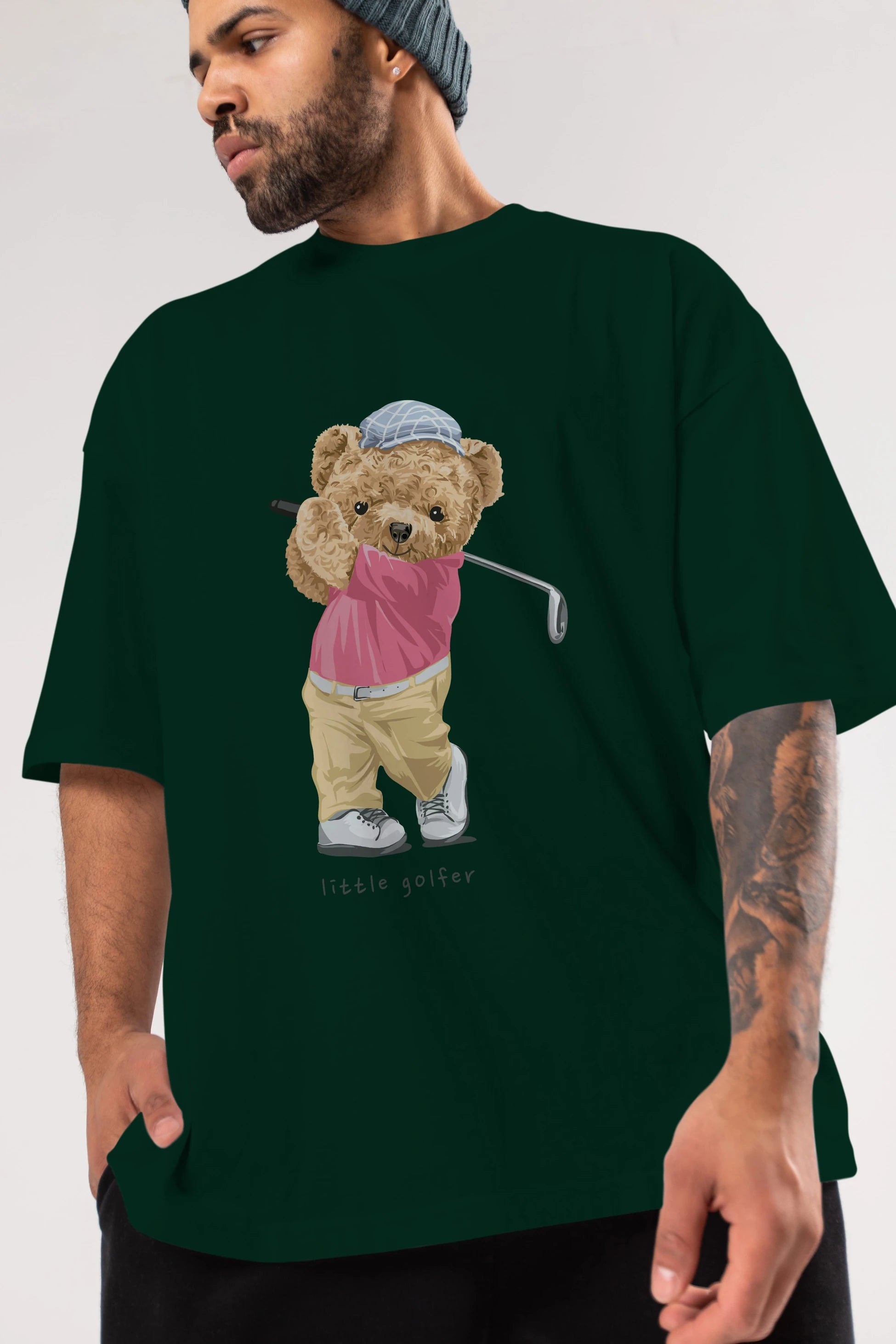 Teddy Bear Little Golfer Ön Baskılı Oversize t-shirt Erkek Kadın Unisex %100 Pamuk