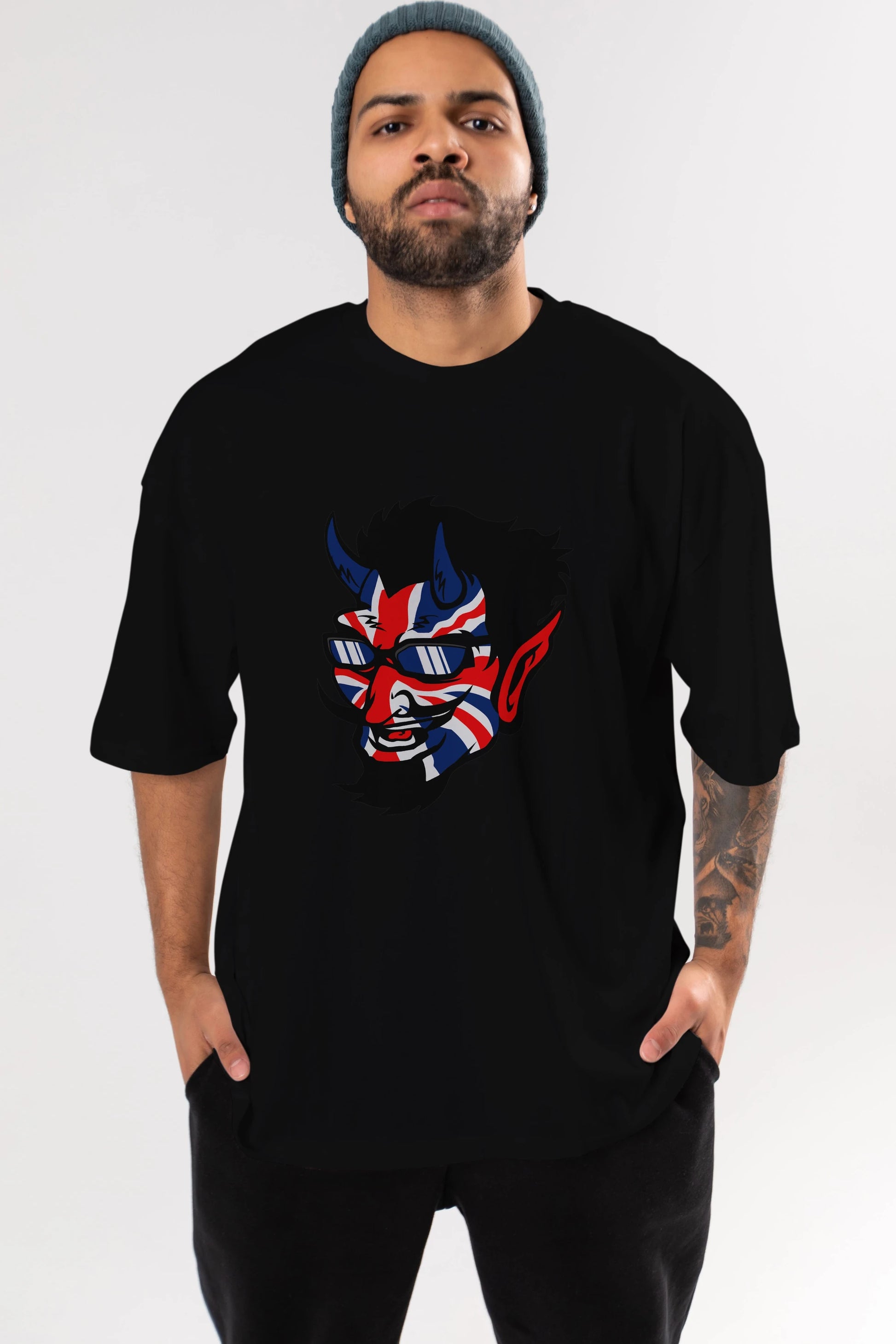 UK Devil Ön Baskılı Oversize t-shirt Erkek Kadın Unisex %100 Pamuk tişort