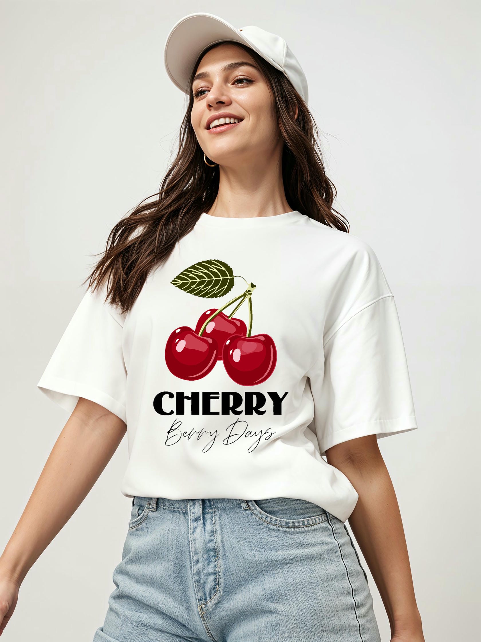 Cherry Cherries 12 Ön Baskılı Oversize t-shirt Erkek Kadın Pamuk Bisiklet Yaka tişort