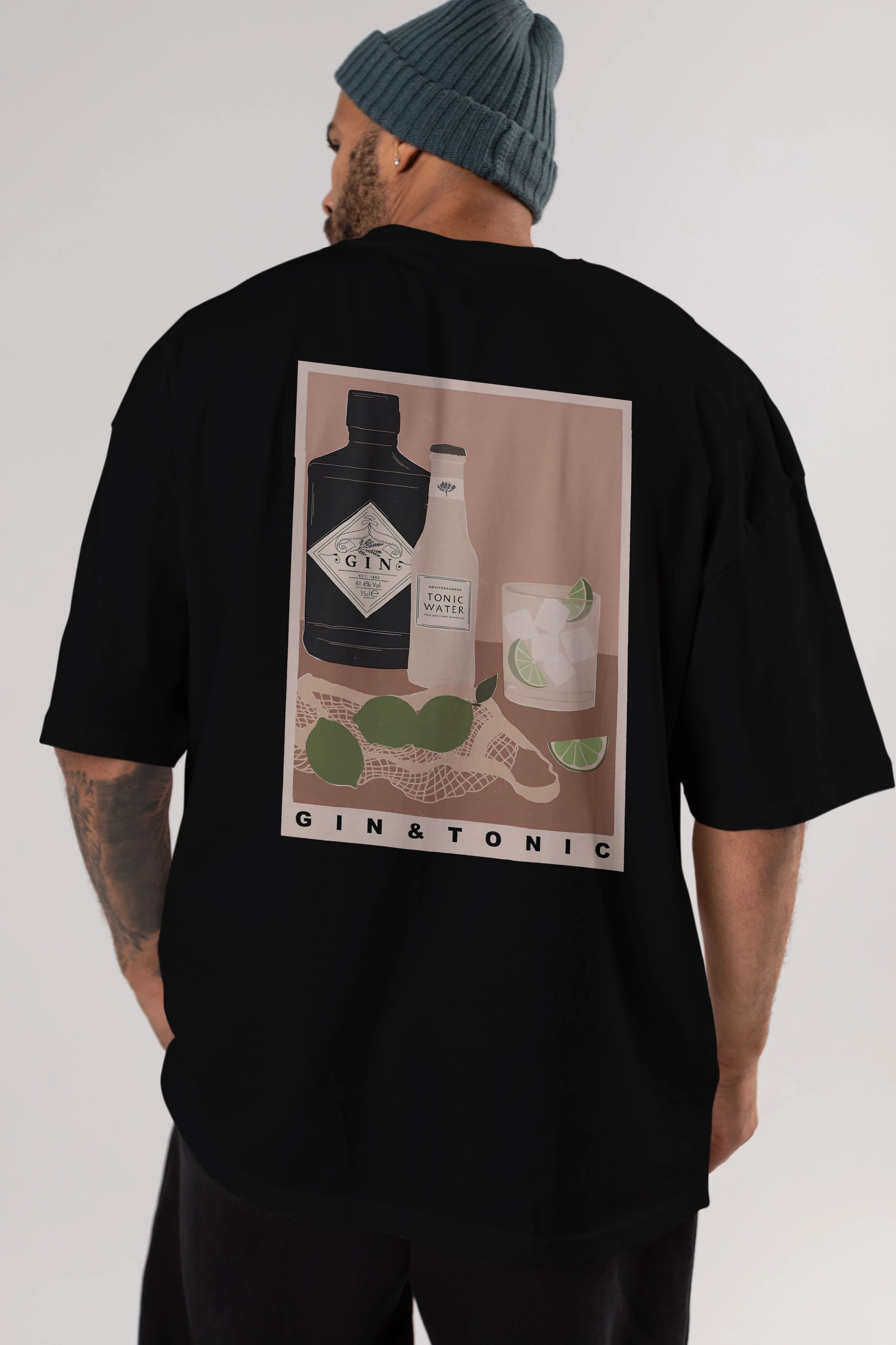 Gin Tonic Arka Baskılı Oversize t-shirt Erkek Kadın Unisex %100 Pamuk Bisiklet Yaka tişort