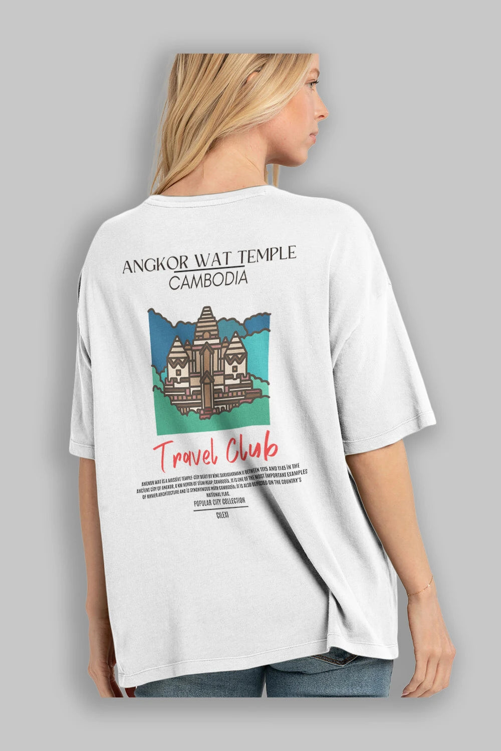 Angkor Wat Temple Cambodia Arka Baskılı Oversize t-shirt Erkek Kadın Pamuk Bisiklet Yaka tişort