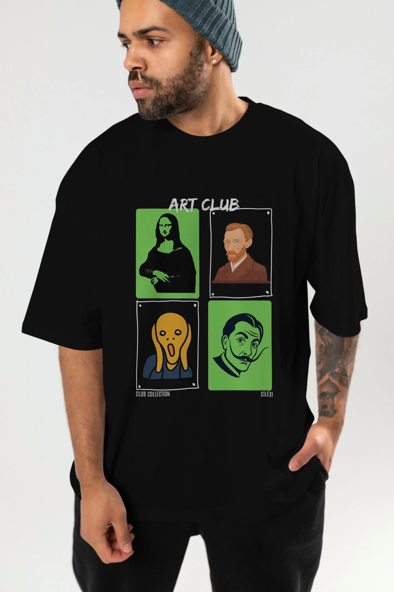 Art Club ön Baskılı Oversize t-shirt Erkek Kadın %100 Pamuk Bisiklet Yaka tişort