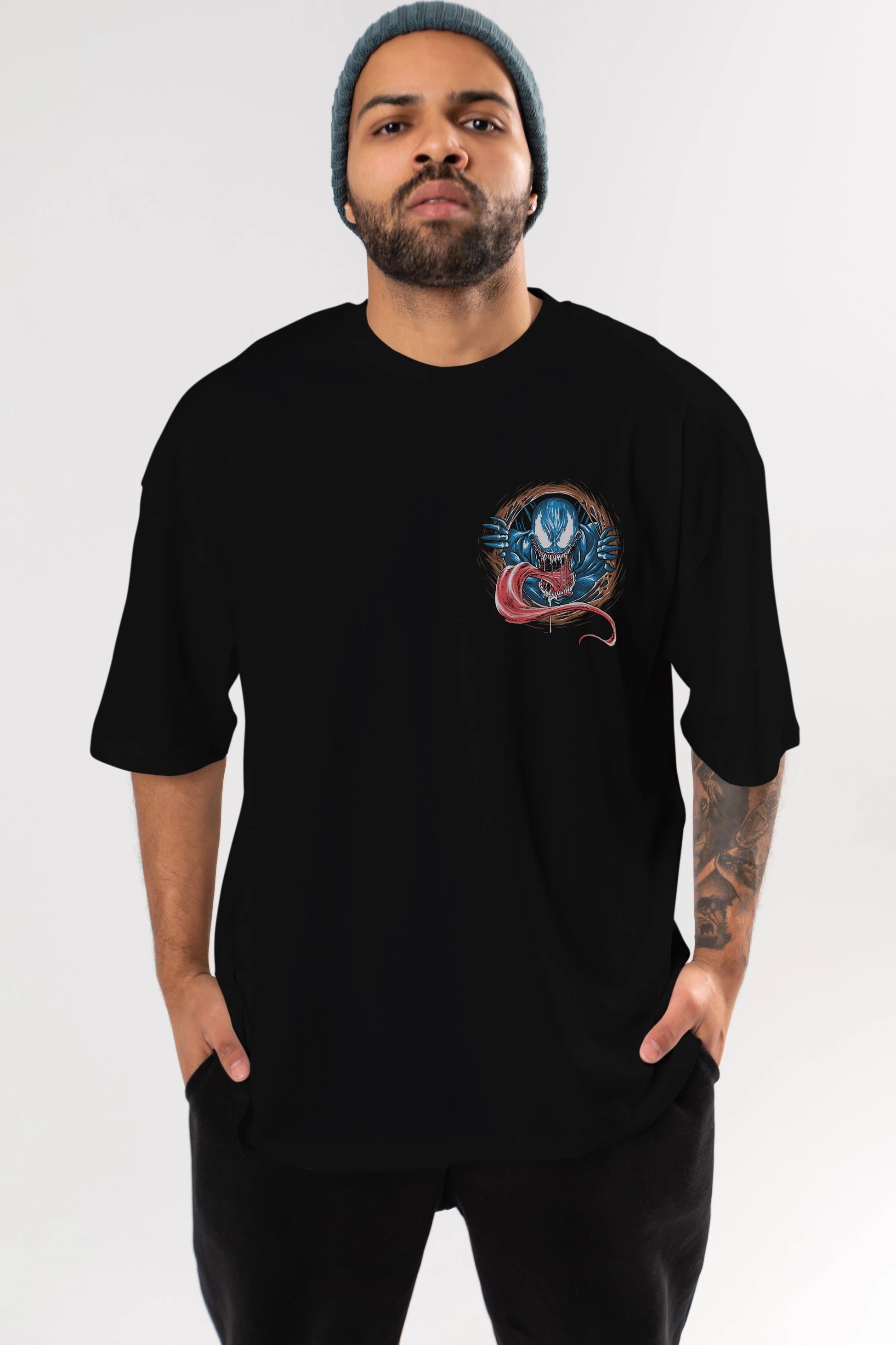 Venom (7) Ön Sol Baskılı Oversize t-shirt Erkek Kadın Unisex %100 Pamuk Bisiklet Yaka tişort
