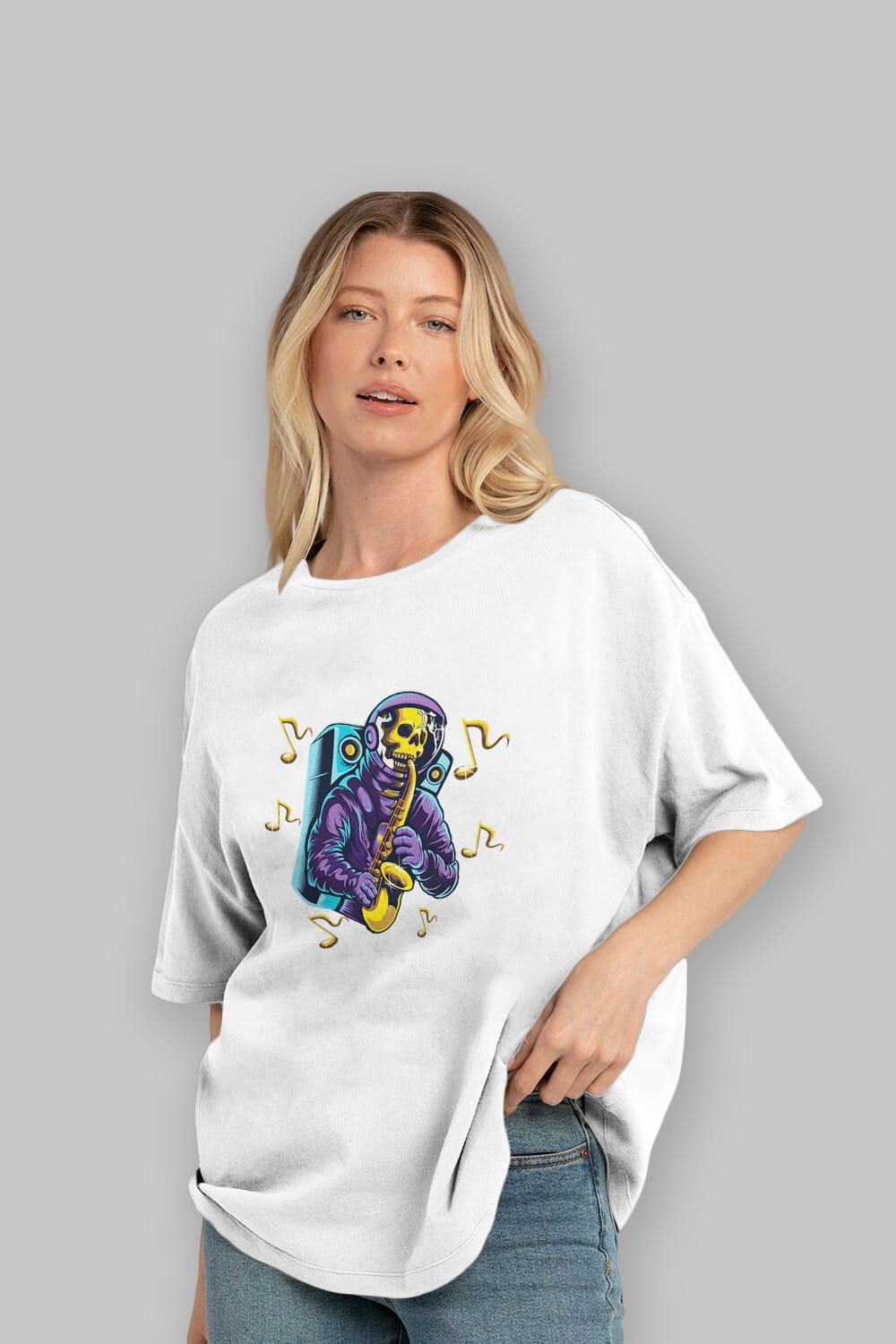 Astroskull Saxophonist Ön Baskılı Oversize t-shirt Erkek Kadın Unisex