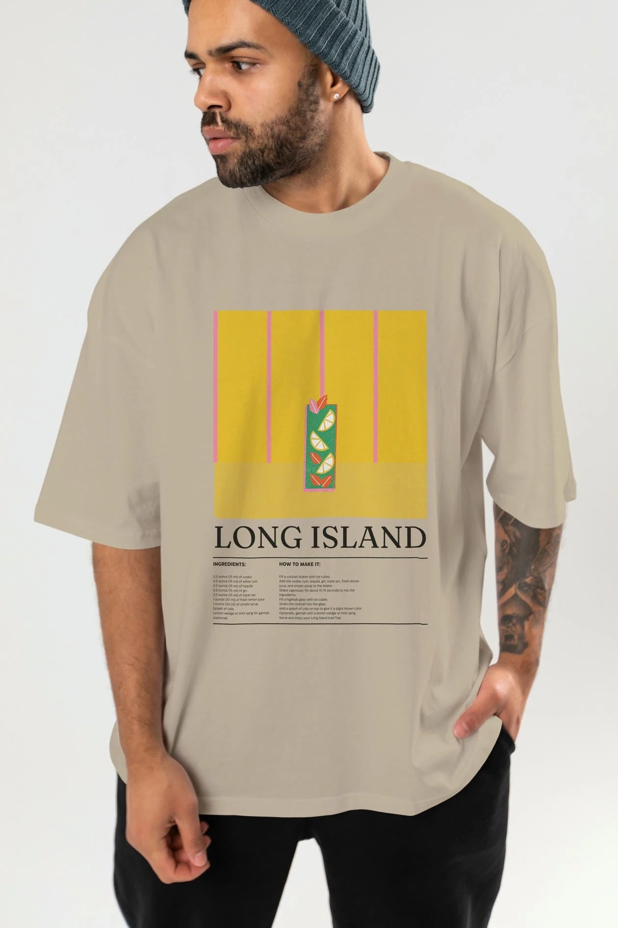 Long Island Kokteyl Ön Baskılı Oversize t-shirt Erkek Kadın %100 Pamuk Bisiklet Yaka tişort