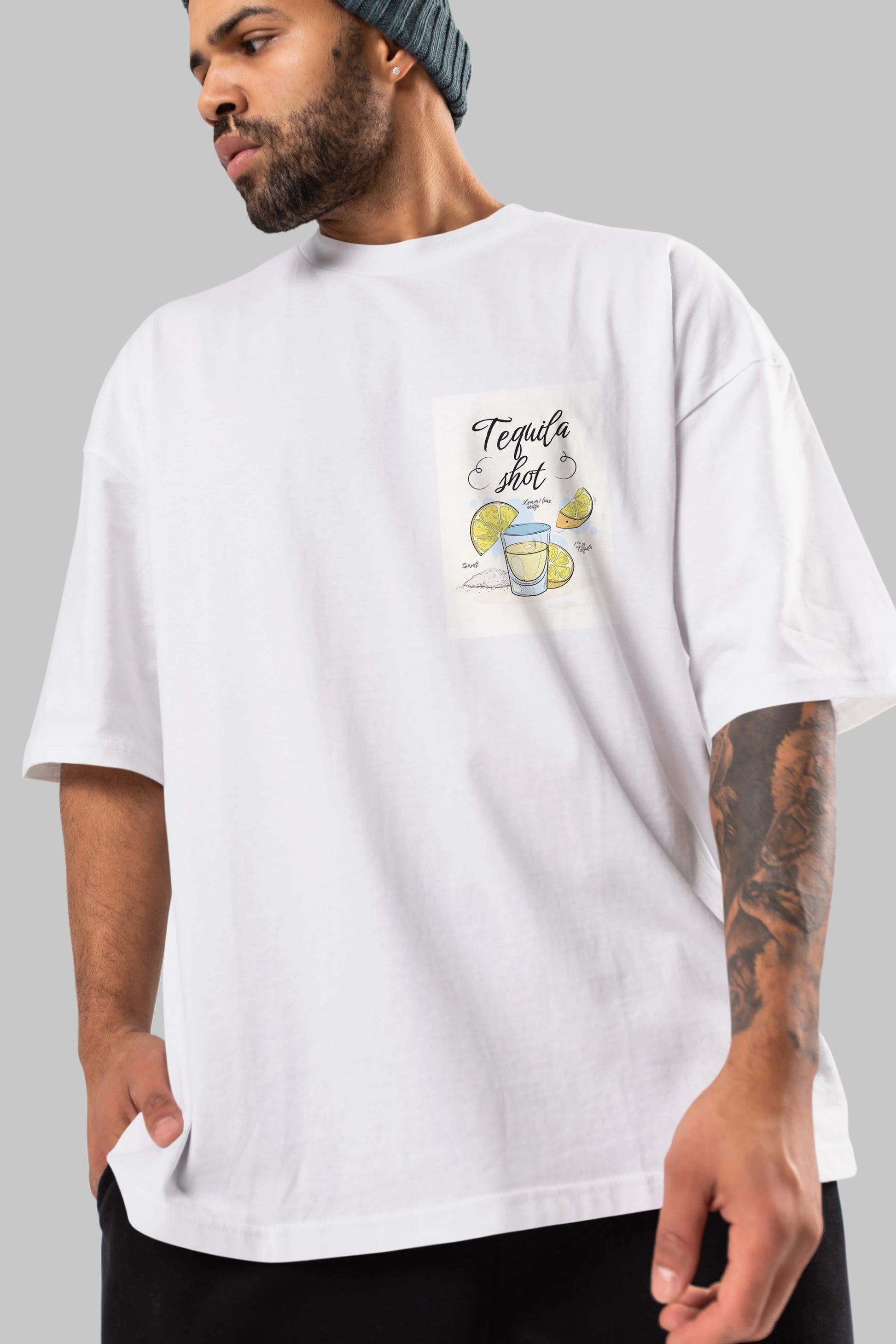 Tequila Shot Ön Sol Baskılı Oversize t-shirt Erkek Kadın Unisex %100 Pamuk Bisiklet Yaka tişort