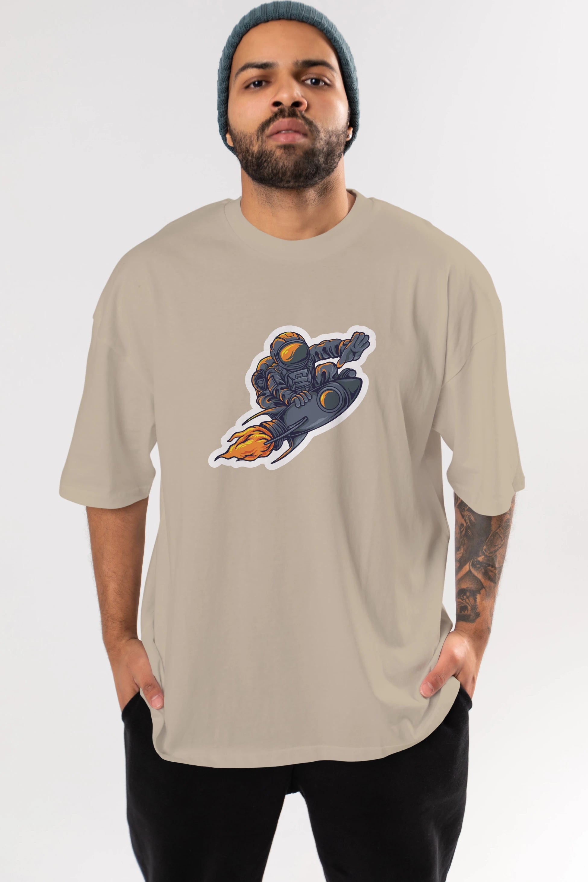 Astrocket Illustration Sticker Ön Baskılı Oversize t-shirt Erkek Kadın Unisex