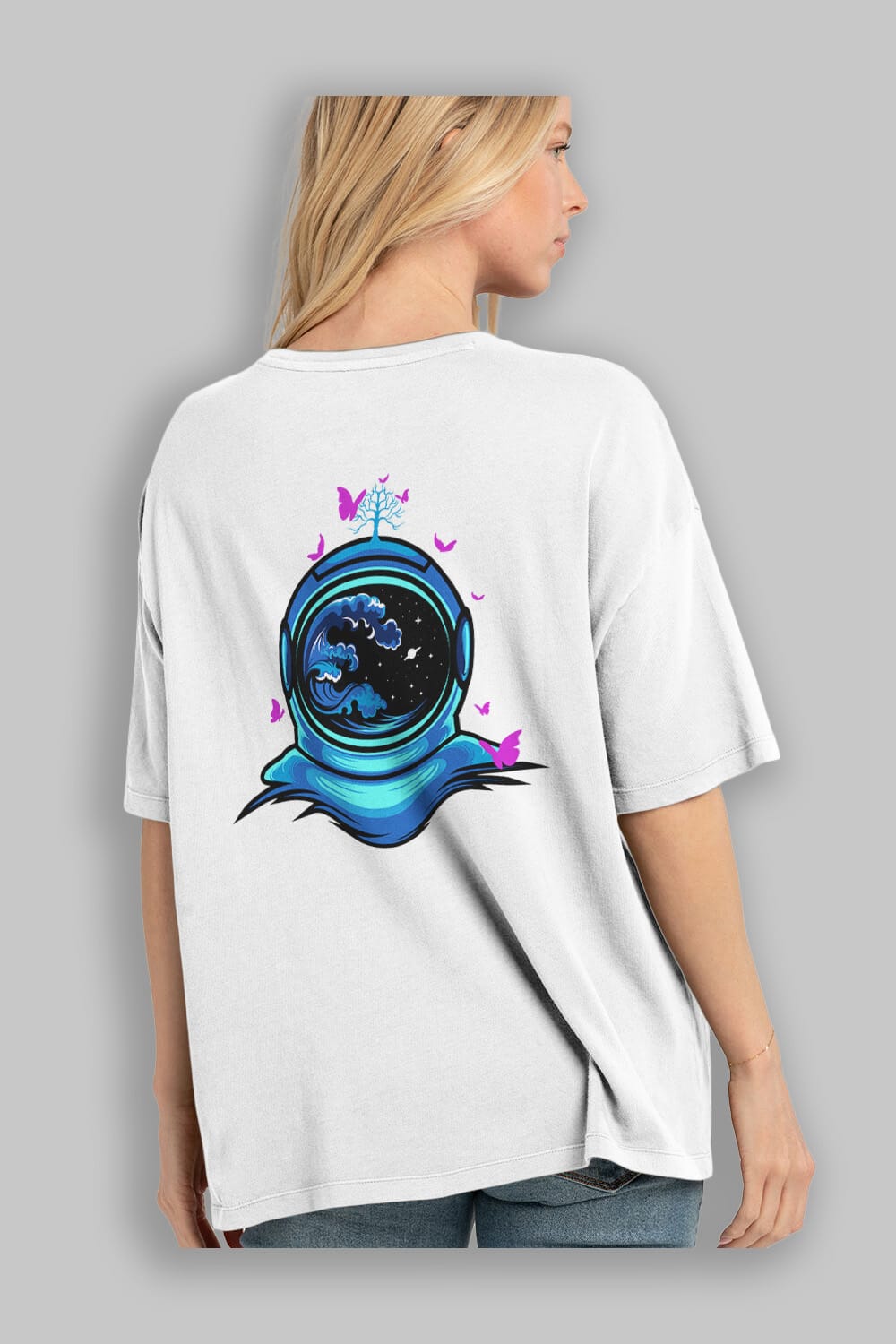 Astronaut and Butterfly Arka Baskılı Oversize t-shirt Erkek Kadın Unisex