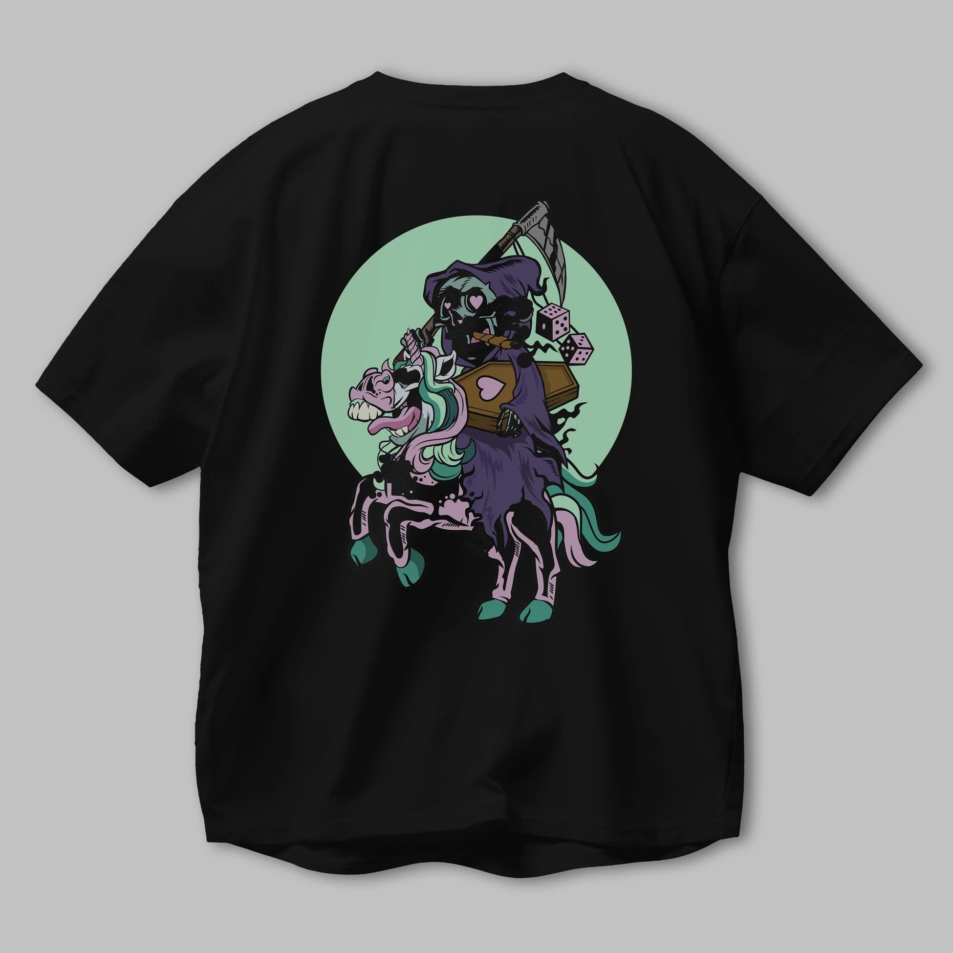 Grim Reaper Riding Unicorn Arka Baskılı Oversize t-shirt Erkek Kadın Unisex %100 Pamuk tişort
