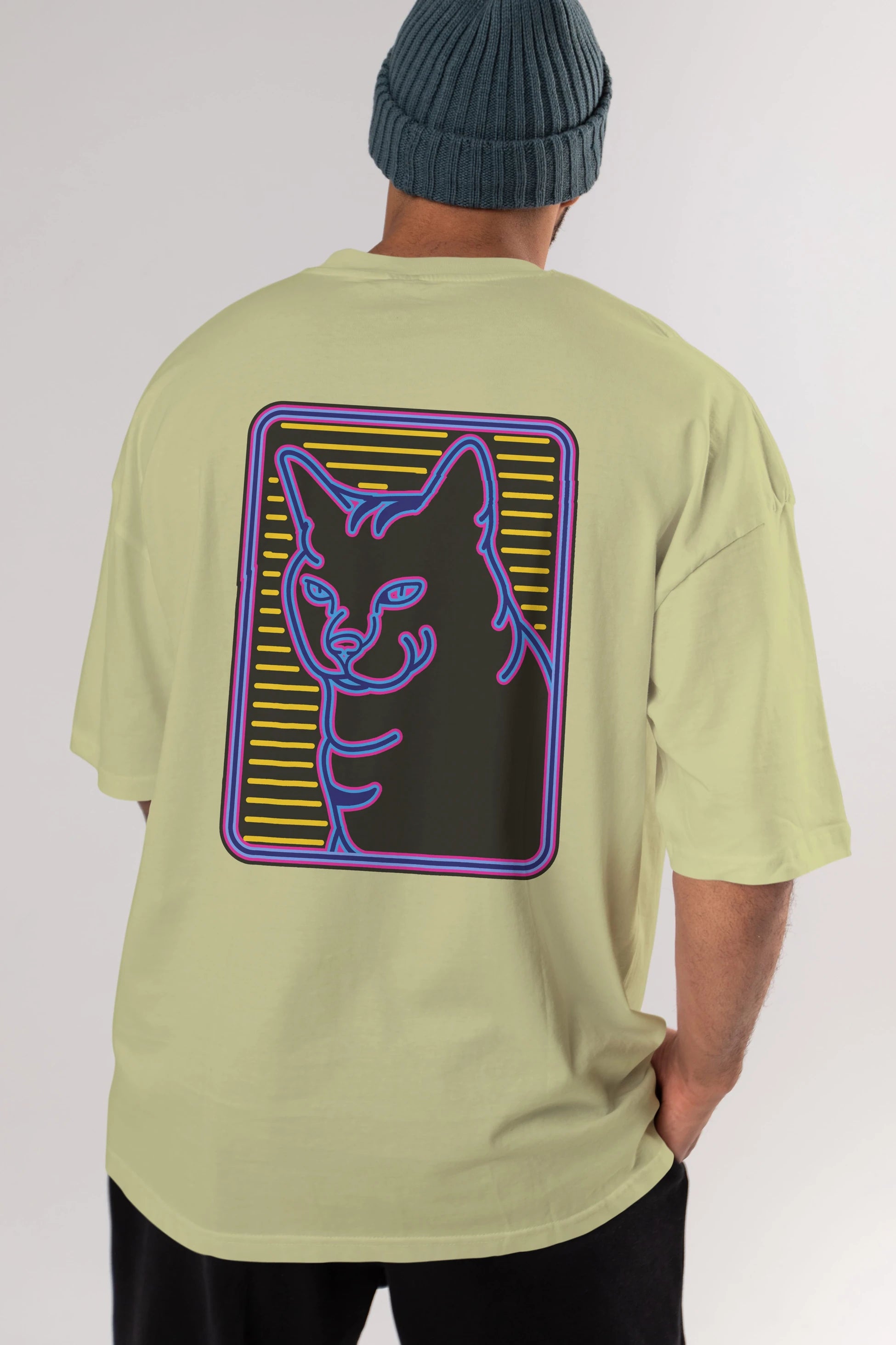 Neon Cat Arka Baskılı Oversize t-shirt Erkek Kadın Unisex