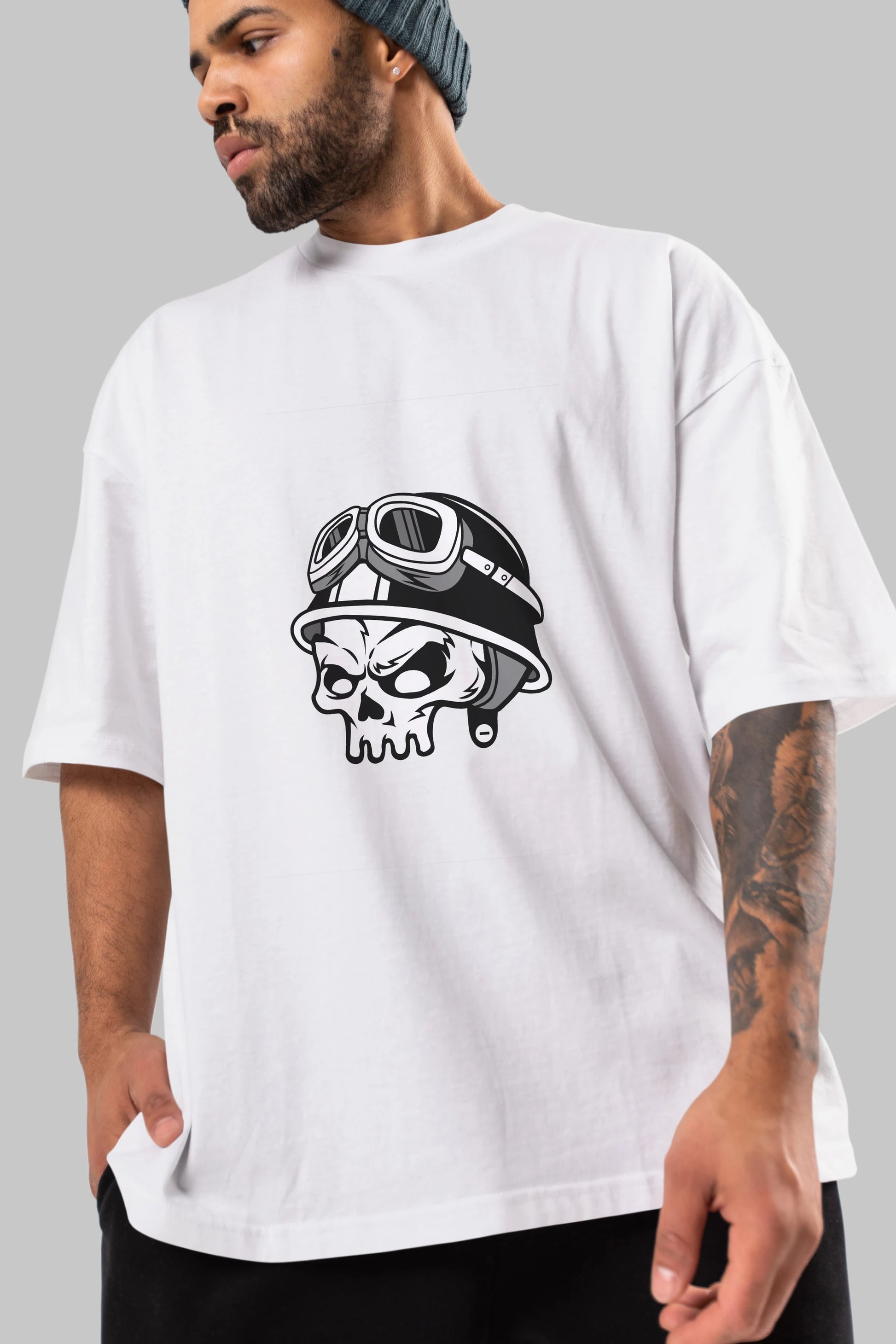 Biker Helmet Ön Baskılı Oversize t-shirt Erkek Kadın Unisex %100 Pamuk tişort