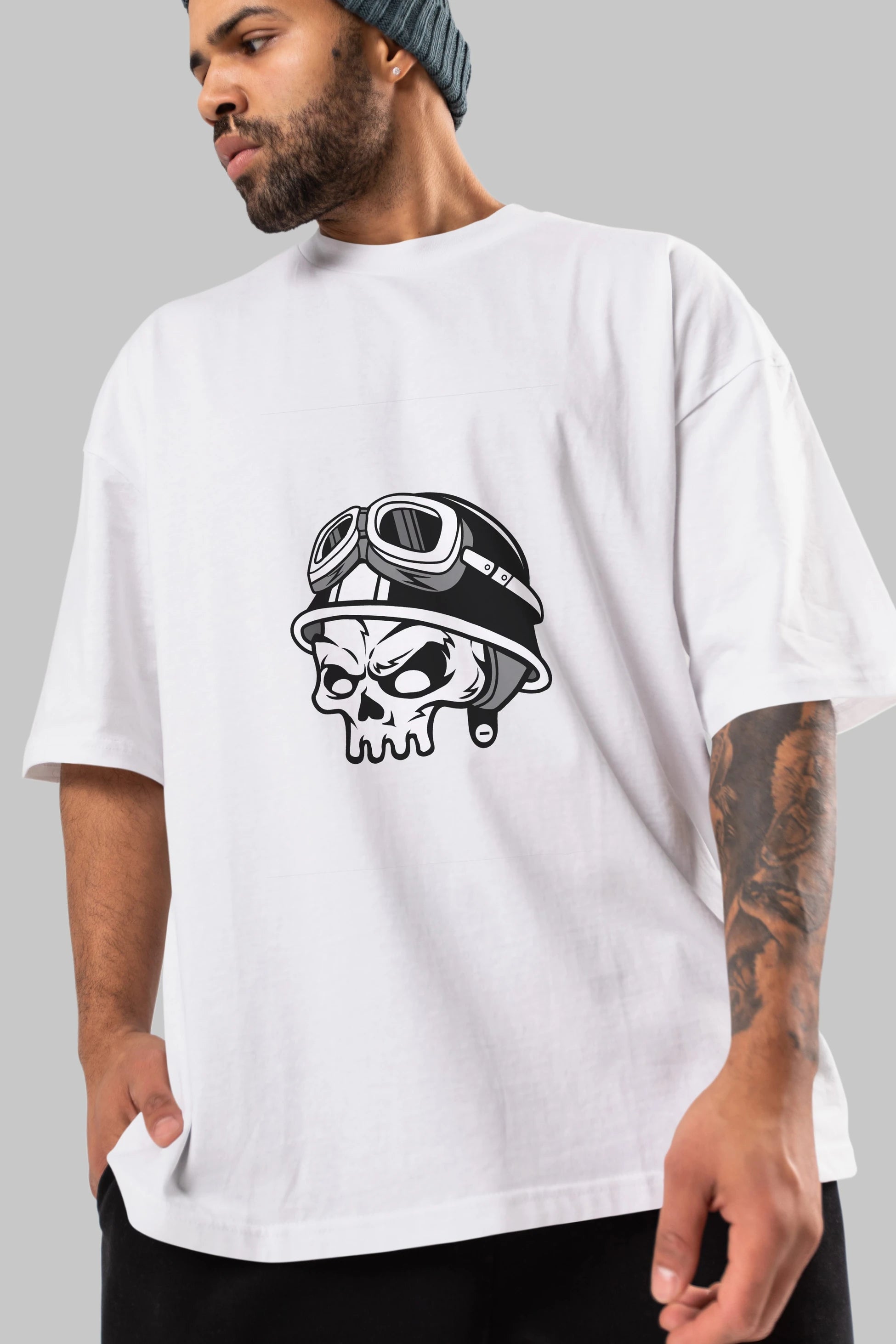 Biker Helmet Ön Baskılı Oversize t-shirt Erkek Kadın Unisex %100 Pamuk tişort