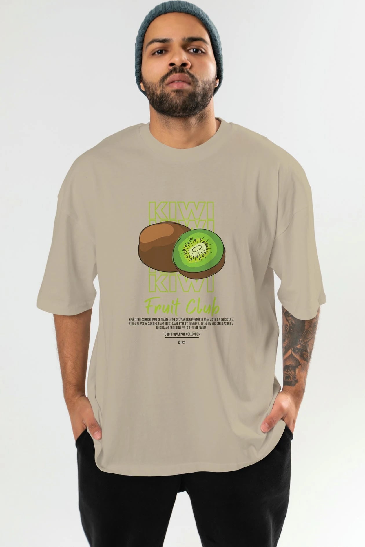 Kiwi Ön Baskılı Oversize t-shirt Erkek Kadın Pamuk Bisiklet Yaka tişort