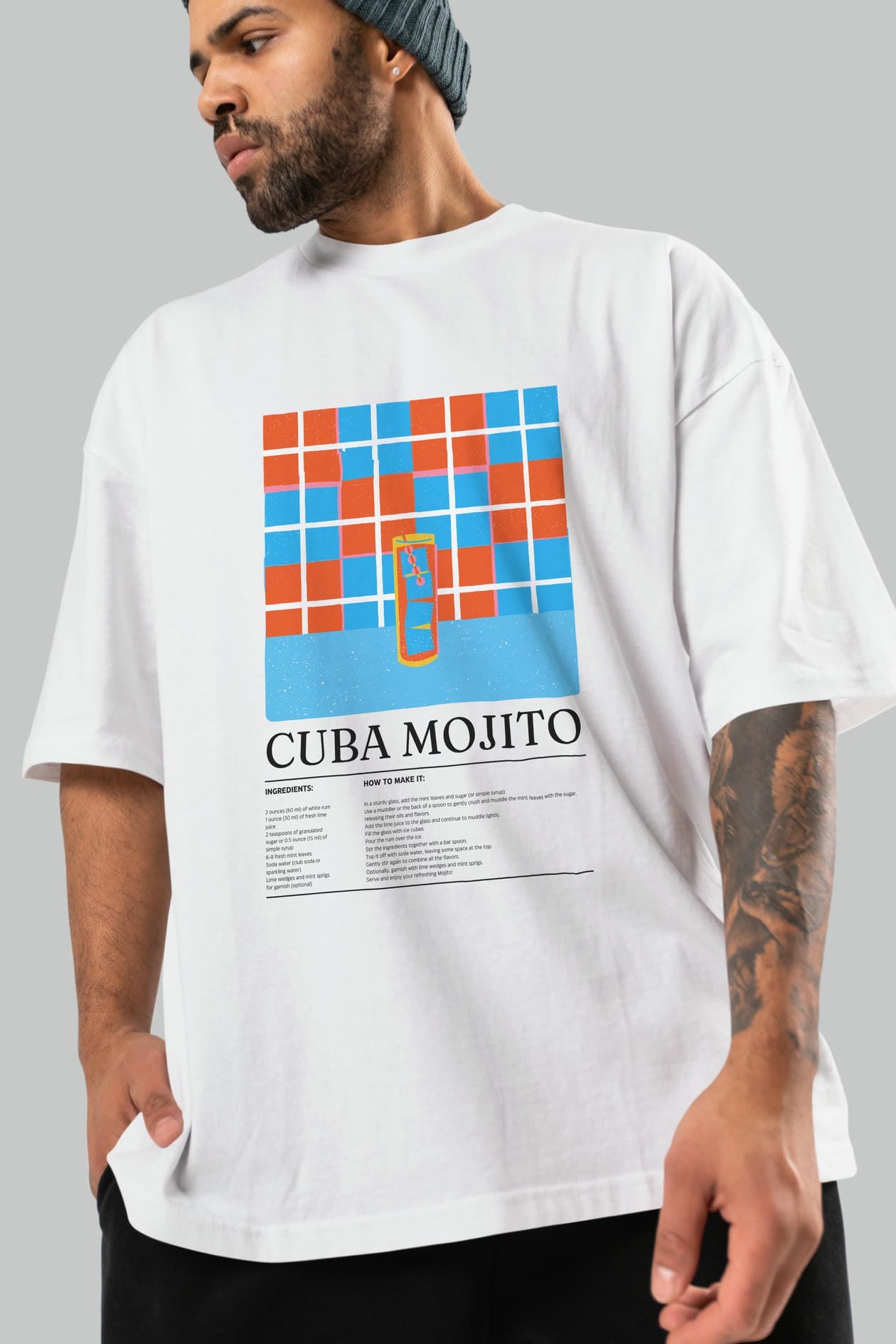 Cuba Mojito Kokteyl Ön Baskılı Oversize t-shirt Erkek Kadın %100 Pamuk Bisiklet Yaka tişort