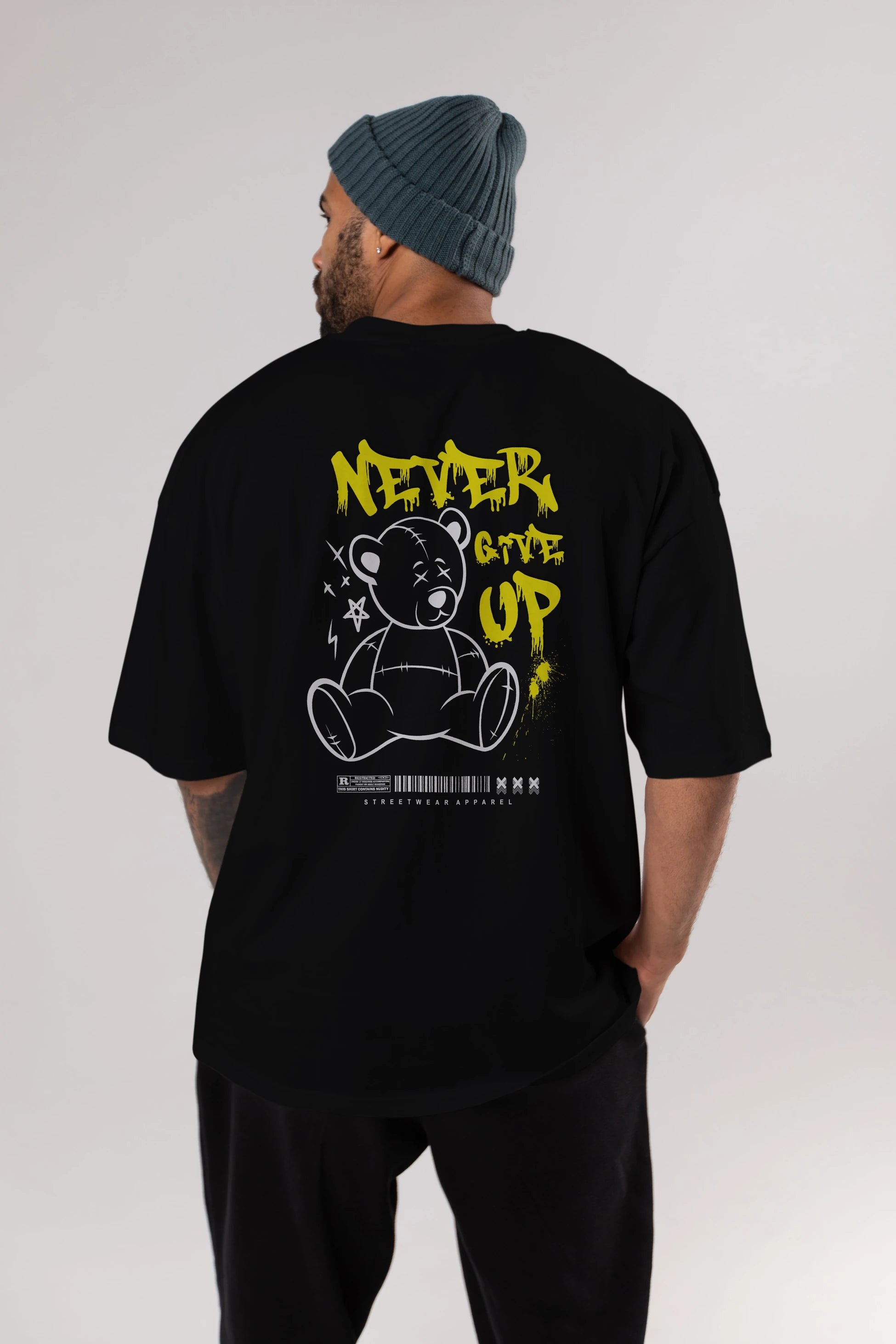 Teddy Bear Never Give Up Arka Baskılı Oversize t-shirt Erkek Kadın Unisex