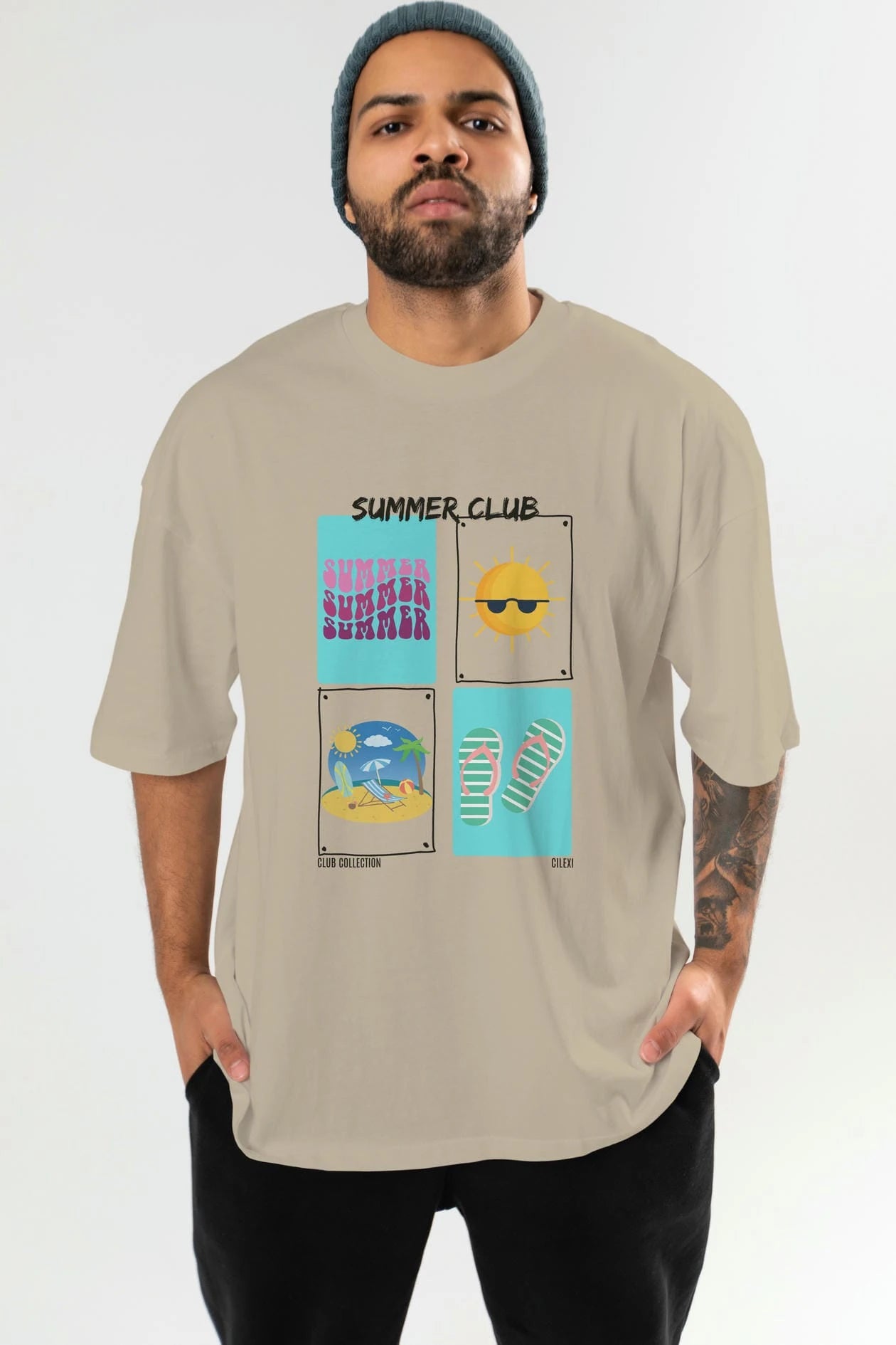 Summer Club ön Baskılı Oversize t-shirt Erkek Kadın %100 Pamuk Bisiklet Yaka tişort