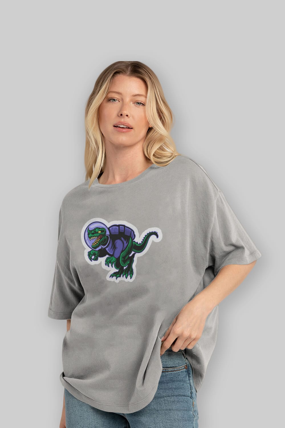 Space Dino Sticker Ön Baskılı Oversize t-shirt Erkek Kadın Unisex