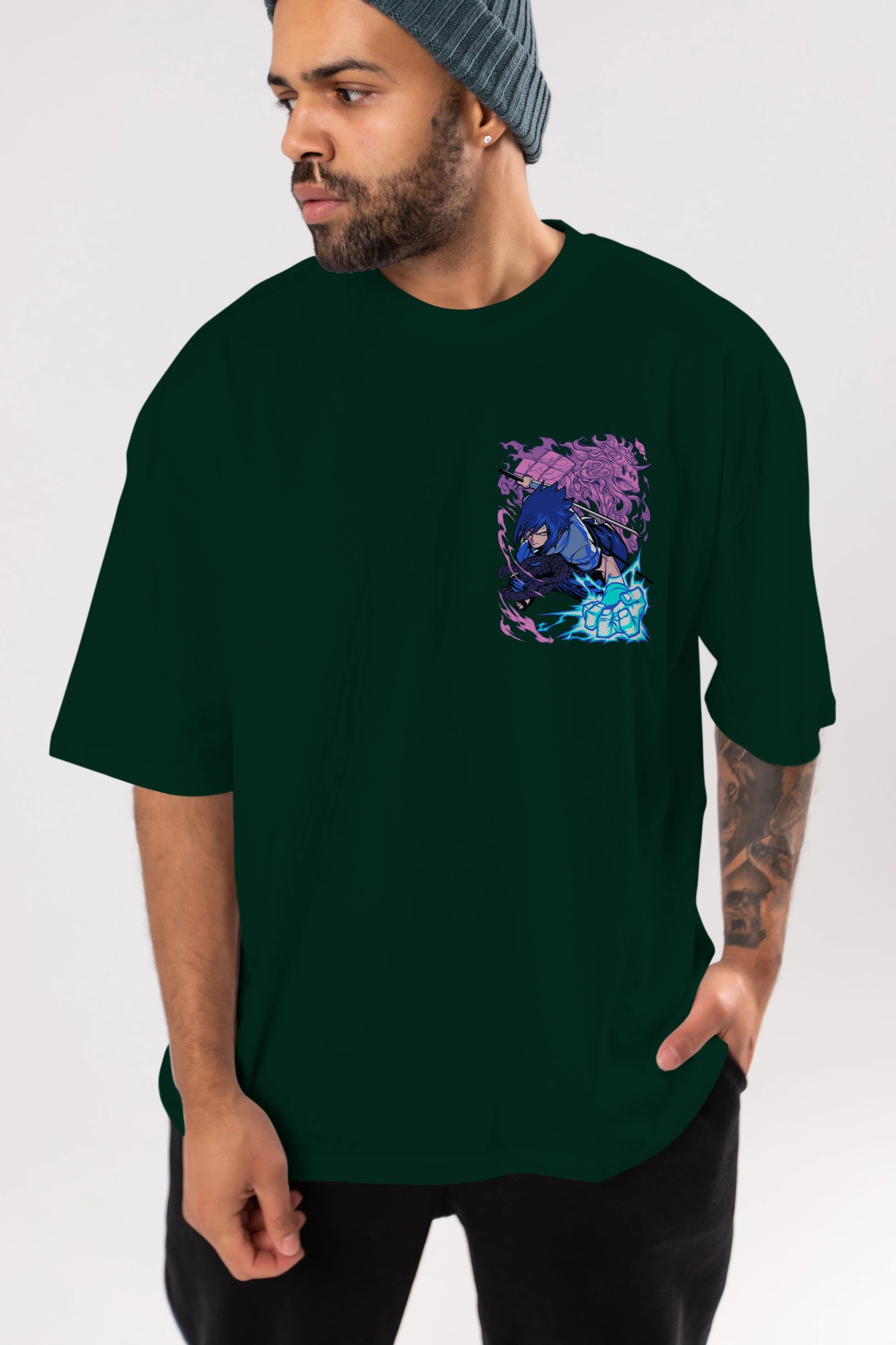 NARUTO SASUKE UCHIHA 2 Ön Sol Baskılı Oversize t-shirt Erkek Kadın Unisex %100 Pamuk Bisiklet Yaka tişort