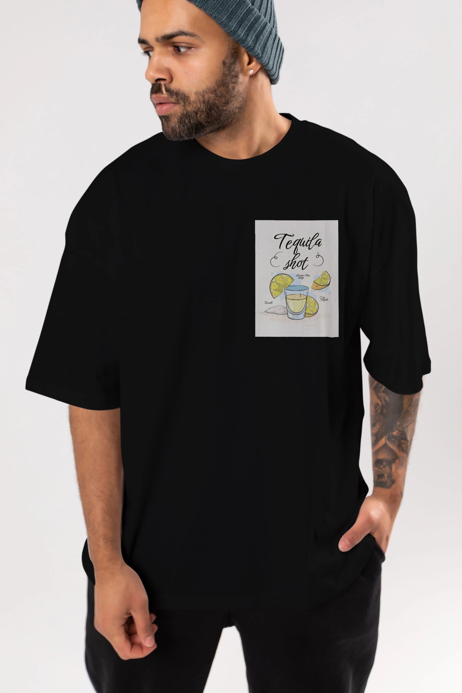 Tequila Shot Ön Sol Baskılı Oversize t-shirt Erkek Kadın Unisex %100 Pamuk Bisiklet Yaka tişort