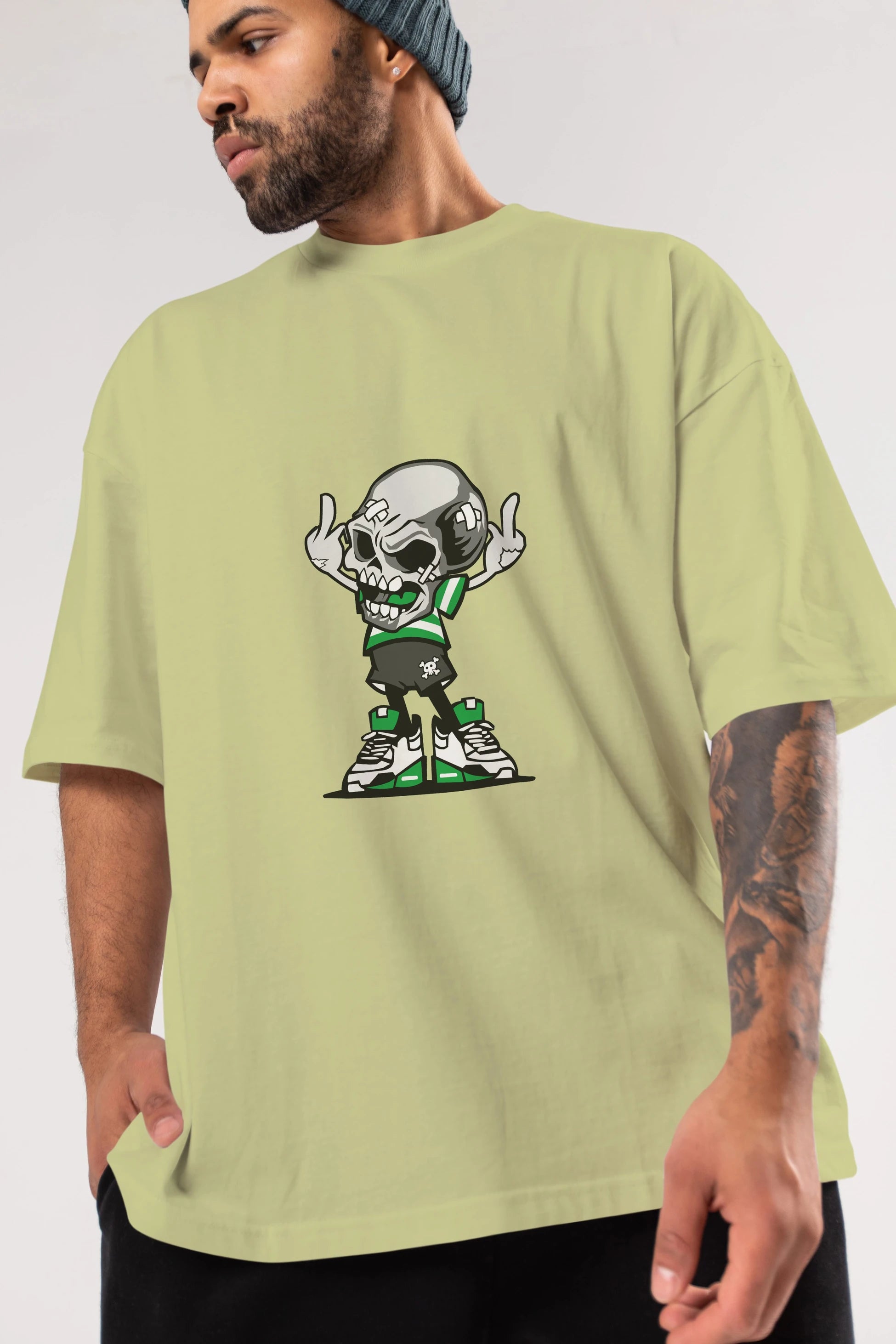 Skull F Hand Ön Baskılı Oversize t-shirt Erkek Kadın Unisex %100 Pamuk tişort