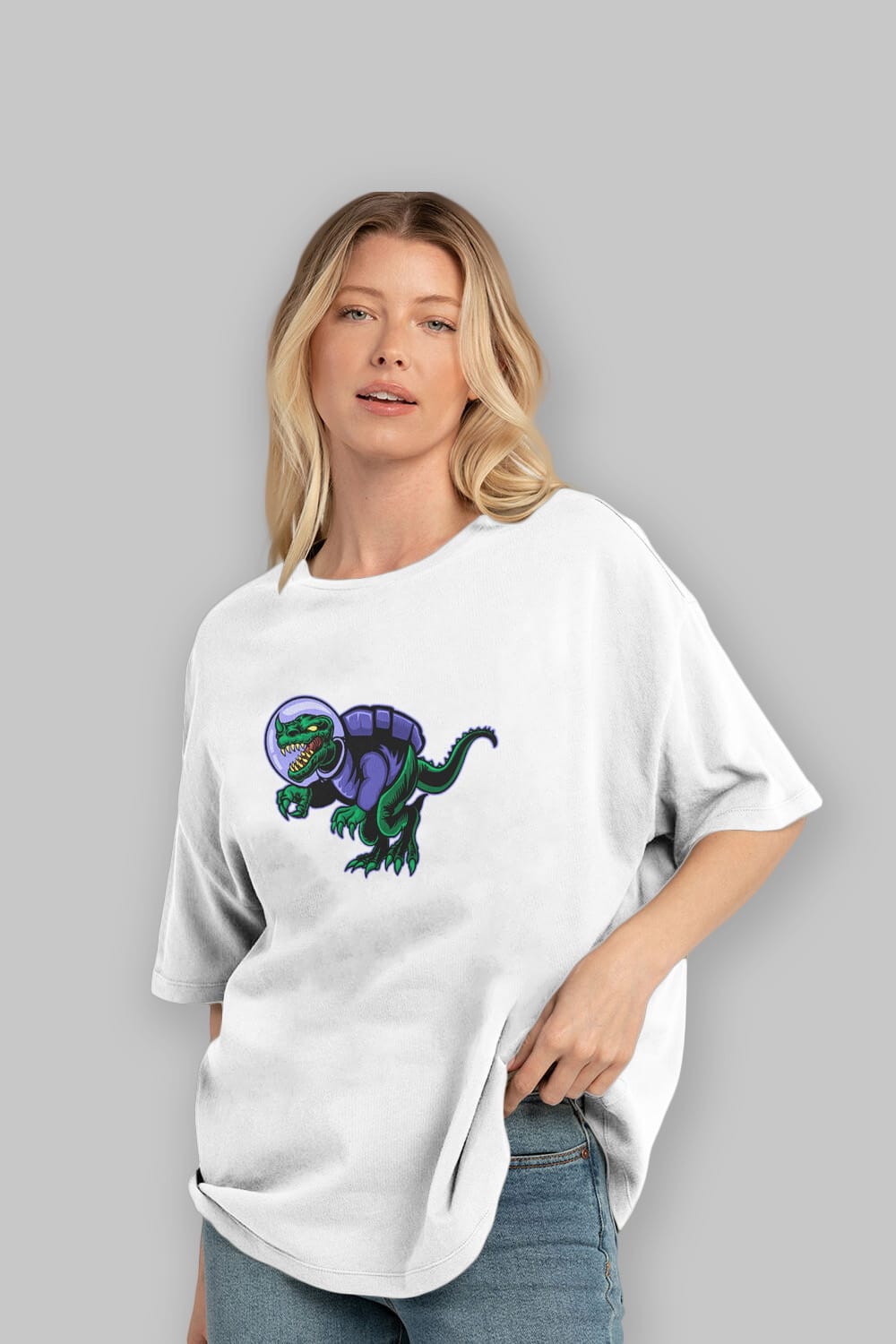 Space Dino Sticker Ön Baskılı Oversize t-shirt Erkek Kadın Unisex