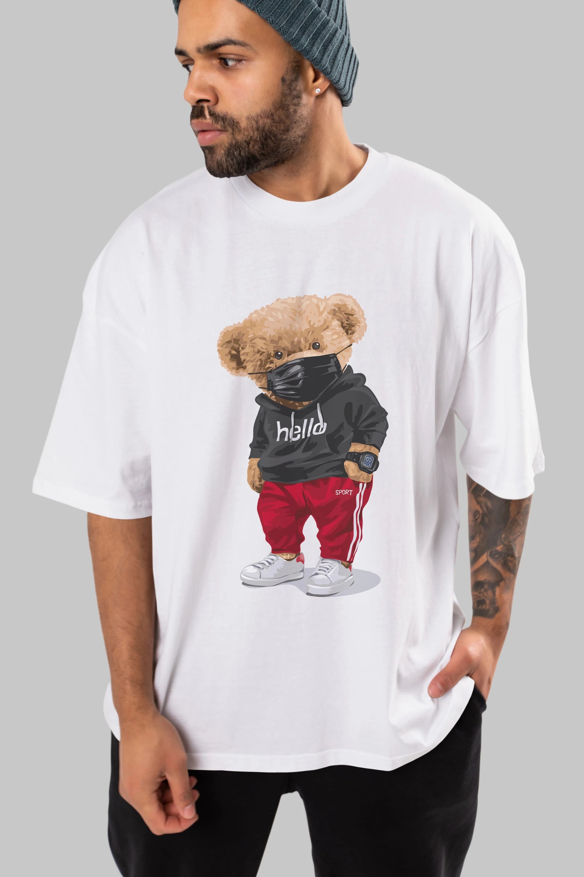 Teddy Bear Hello Sport Ön Baskılı Oversize t-shirt Erkek Kadın Unisex %100 Pamuk