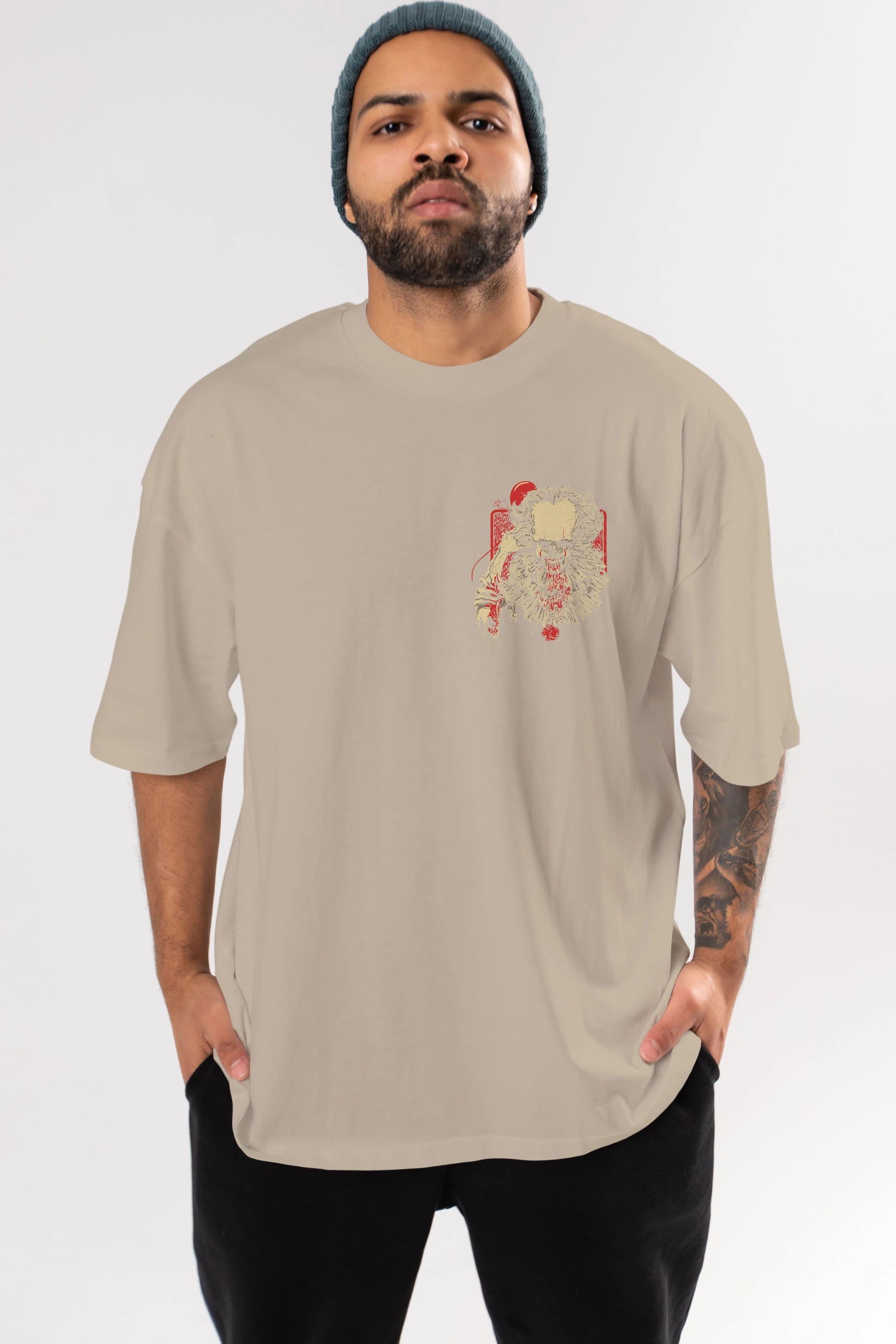 it (2) Ön Sol Baskılı Oversize t-shirt Erkek Kadın Unisex %100 Pamuk Bisiklet Yaka tişort