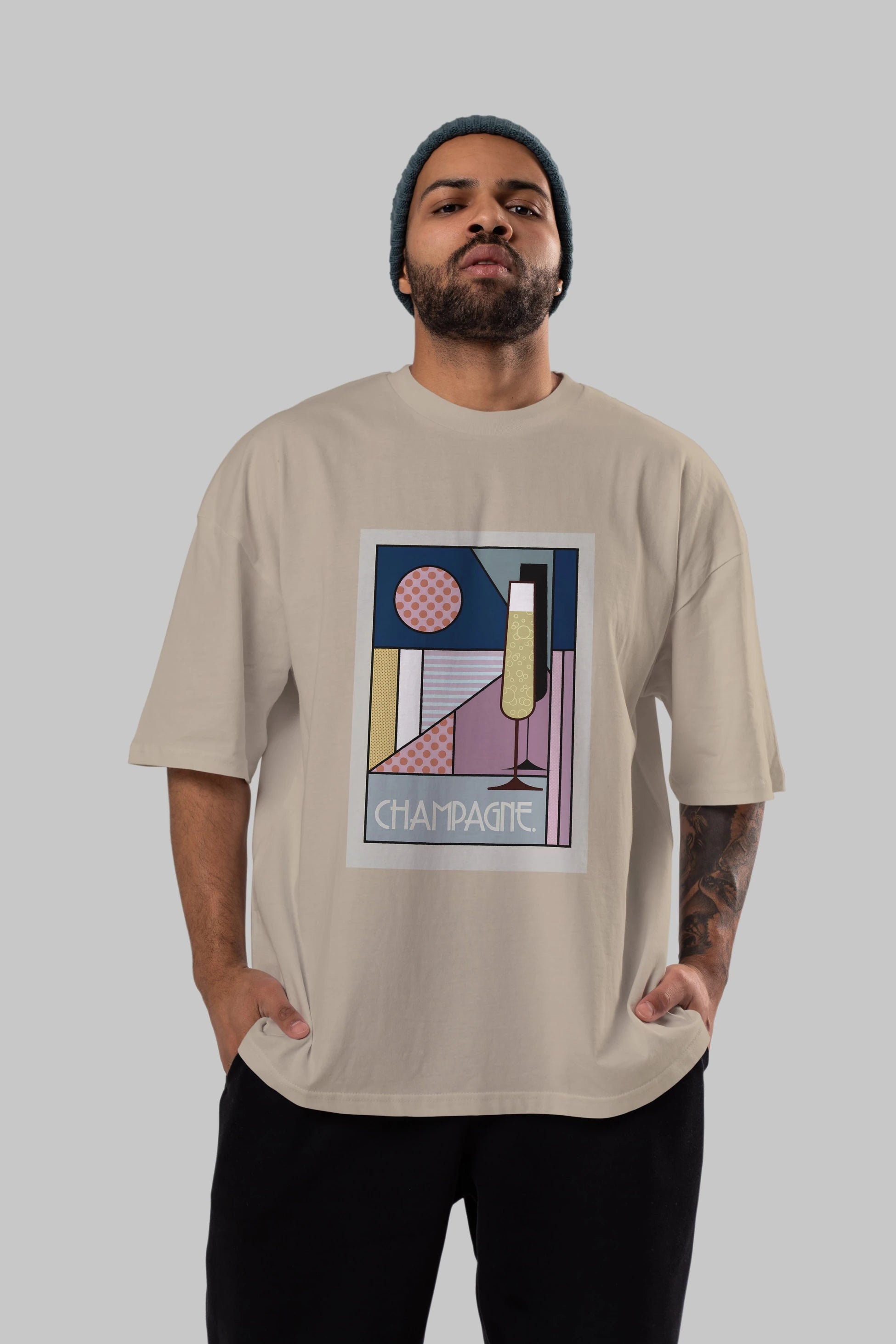 Champagne Ön Baskılı Oversize t-shirt Erkek Kadın Unisex %100 Pamuk Bisiklet Yaka tişort