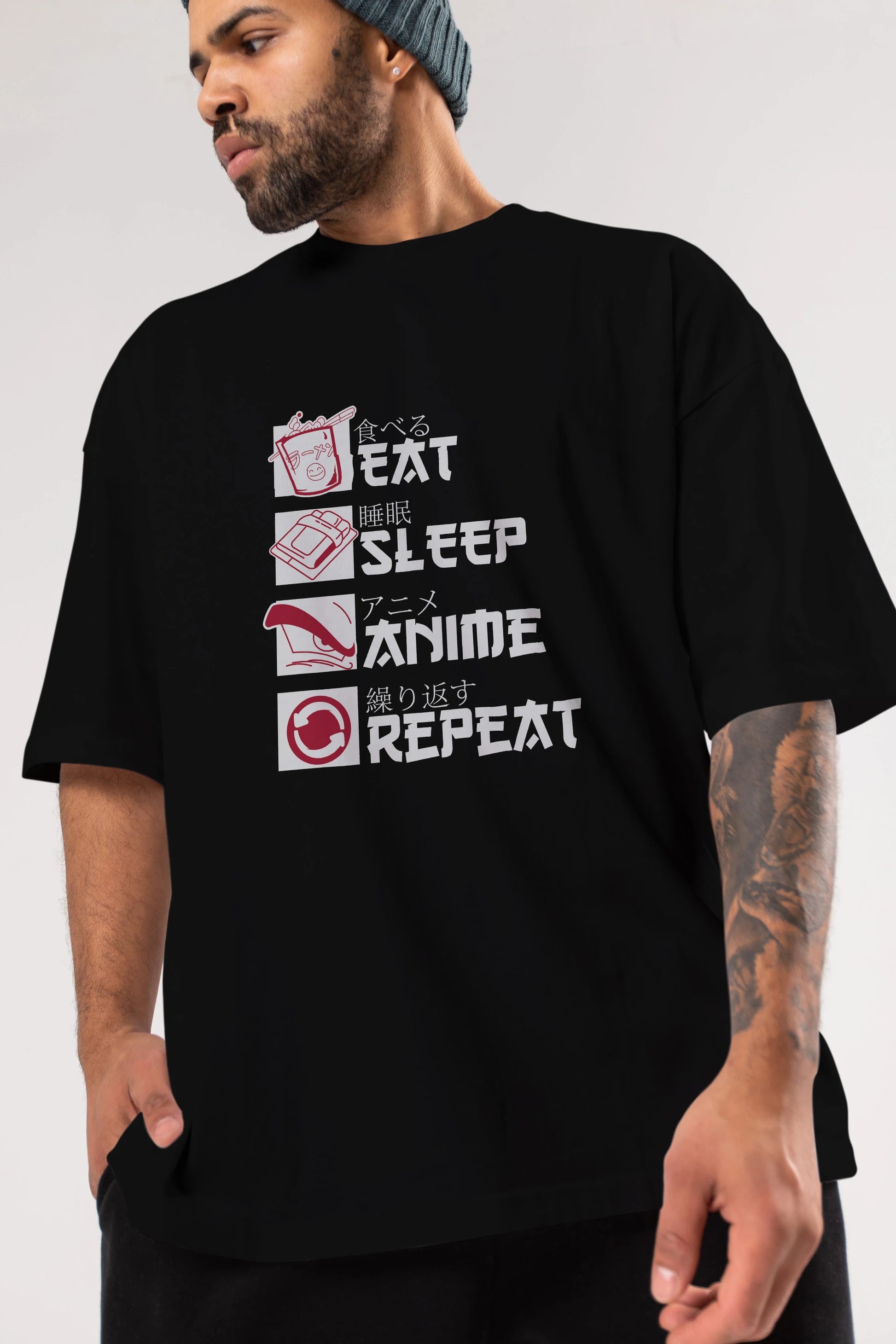 Eat, Sleep, Anime, Repeat Anime Ön Baskılı Oversize t-shirt %100 pamuk Erkek Kadın Unisex