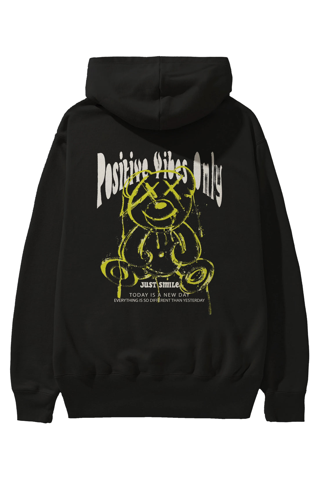 Positive Vibes Only Bear Arka Baskılı Hoodie Oversize Kapüşonlu Sweatshirt Erkek Kadın Unisex