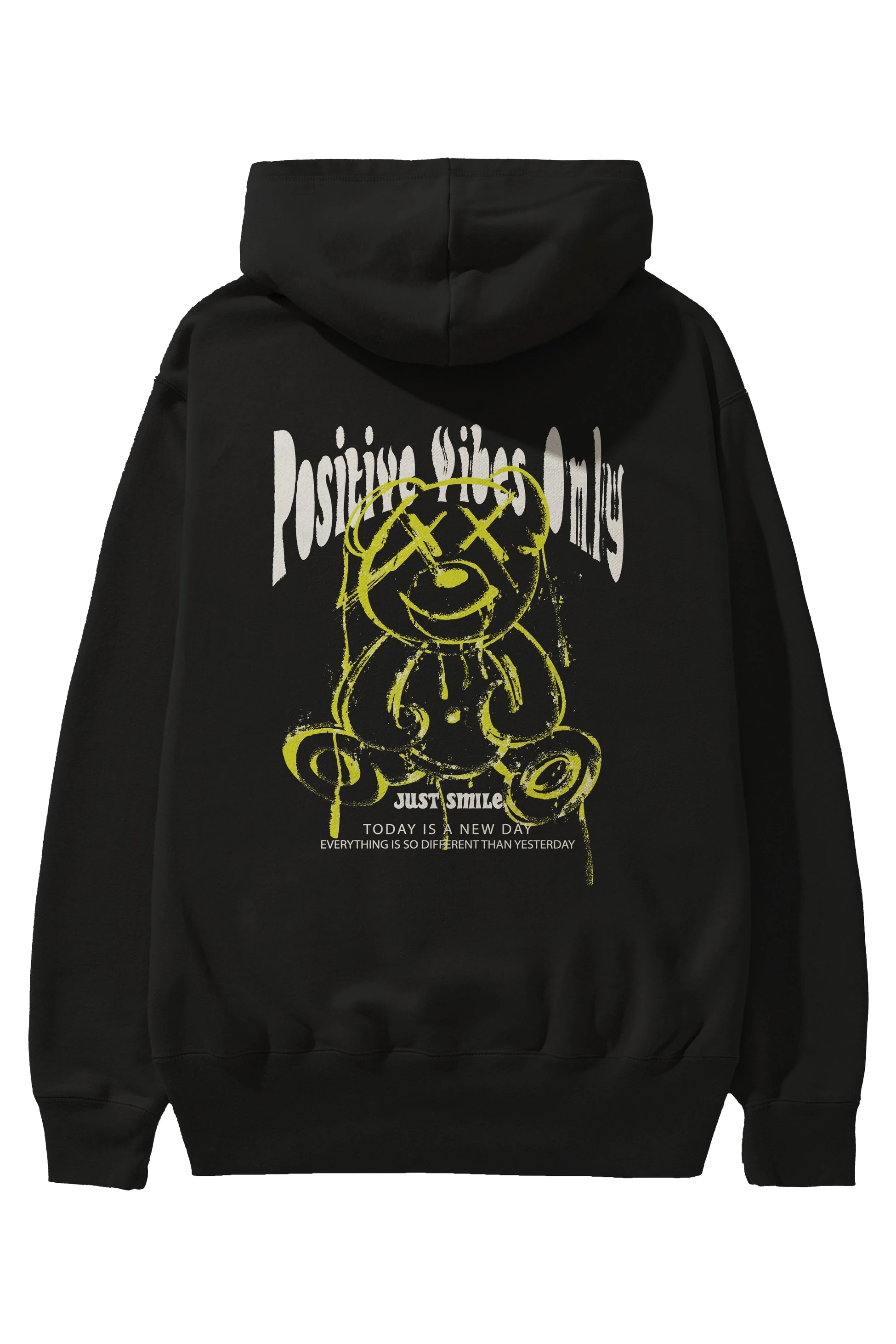 Positive Vibes Only Bear Arka Baskılı Hoodie Oversize Kapüşonlu Sweatshirt Erkek Kadın Unisex