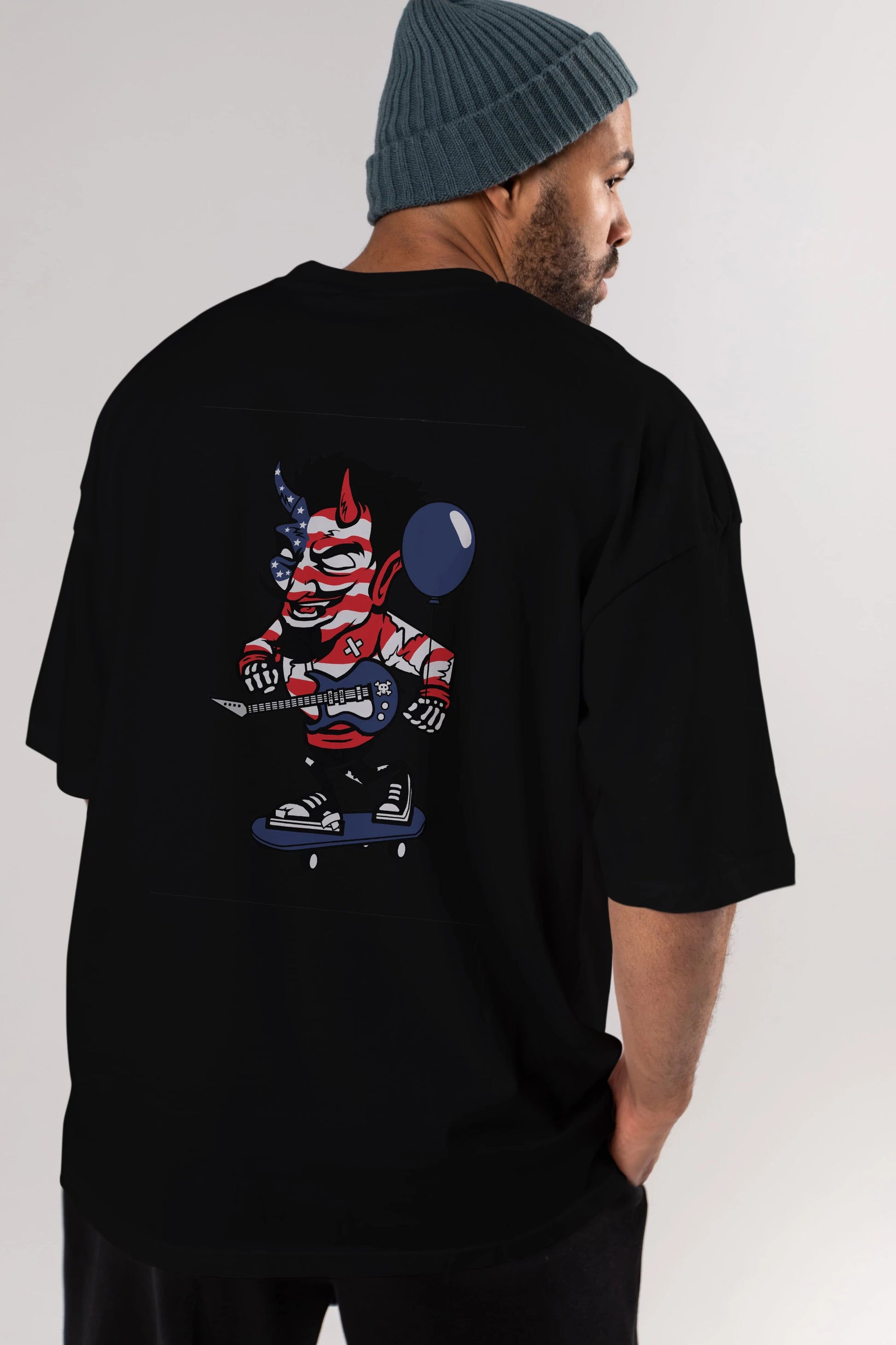 American Devil Skater Arka Baskılı Oversize t-shirt Erkek Kadın Unisex %100 Pamuk tişort