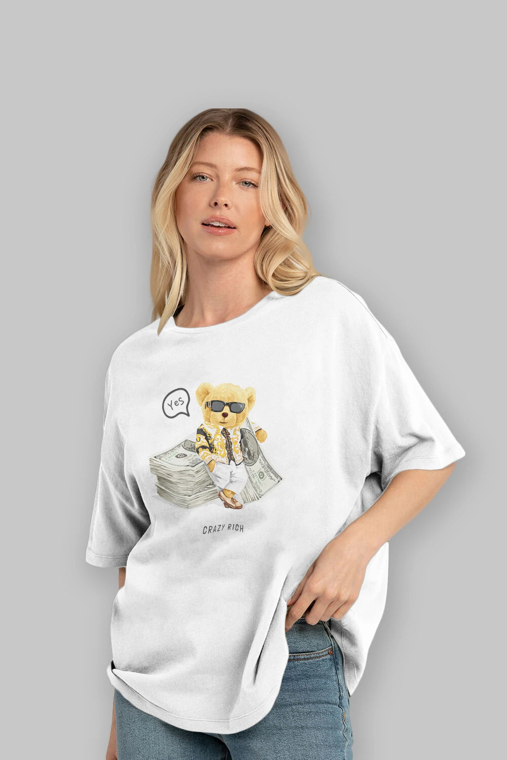 Teddy Bear Crazy Rich Ön Baskılı Oversize t-shirt Erkek Kadın Unisex %100 Pamuk